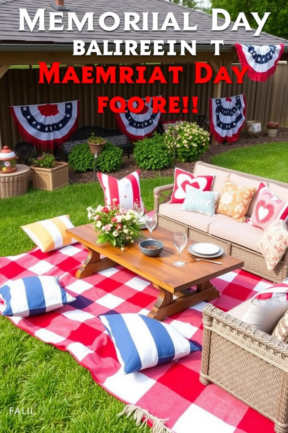 A charming outdoor picnic style seating arrangement features a large checkered blanket spread across the grass. Surrounding the blanket are colorful cushions and a rustic wooden table set with plates, glasses, and a bouquet of wildflowers. For Memorial Day basement decorating ideas, the space is adorned with red, white, and blue accents. Patriotic themed banners and cushions create a festive atmosphere, while cozy seating invites guests to relax and enjoy the celebration.