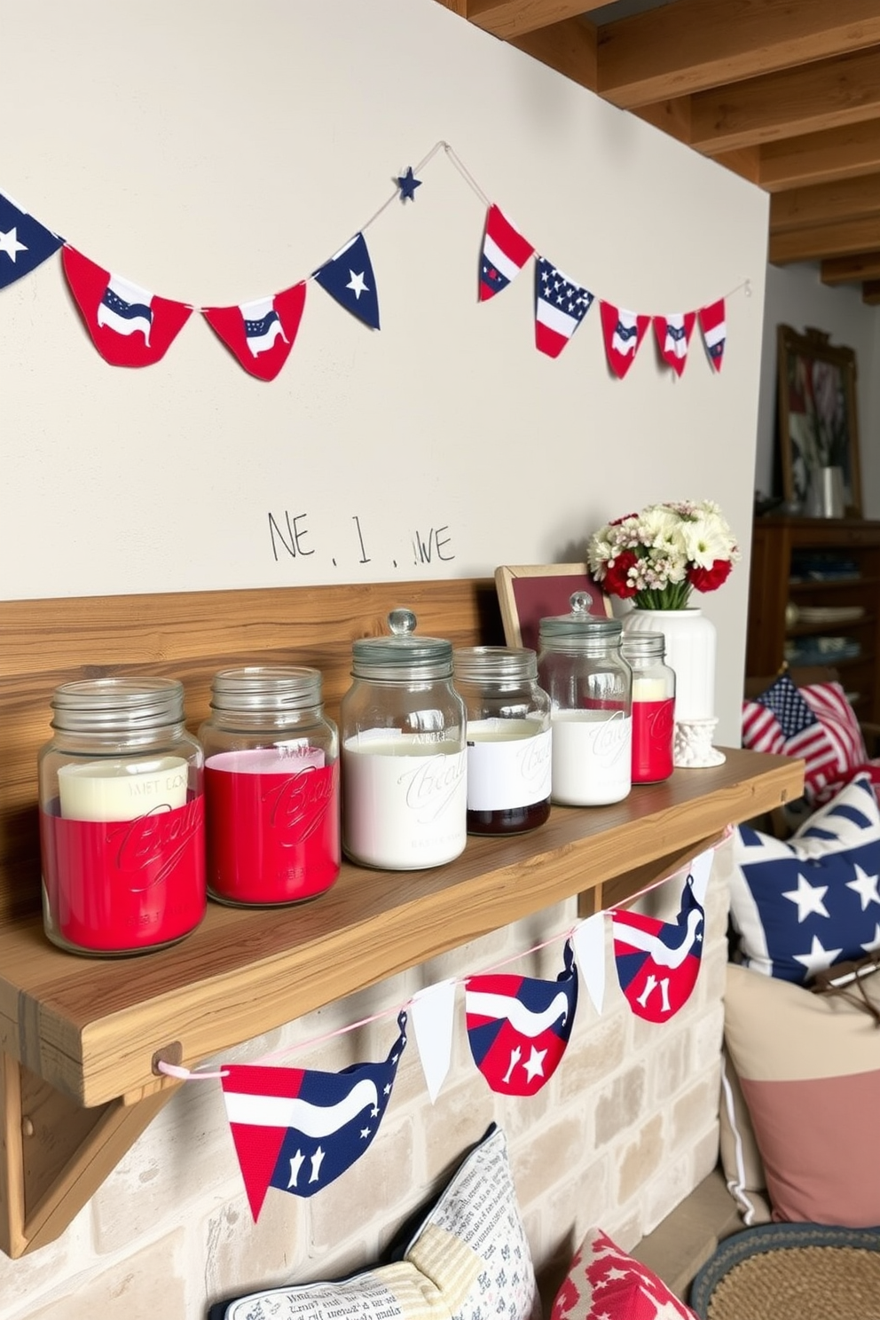 Candle jars in red white and blue colors are arranged on a rustic wooden shelf. The basement is decorated with patriotic-themed accessories, including bunting and cushions, creating a festive atmosphere for Memorial Day.