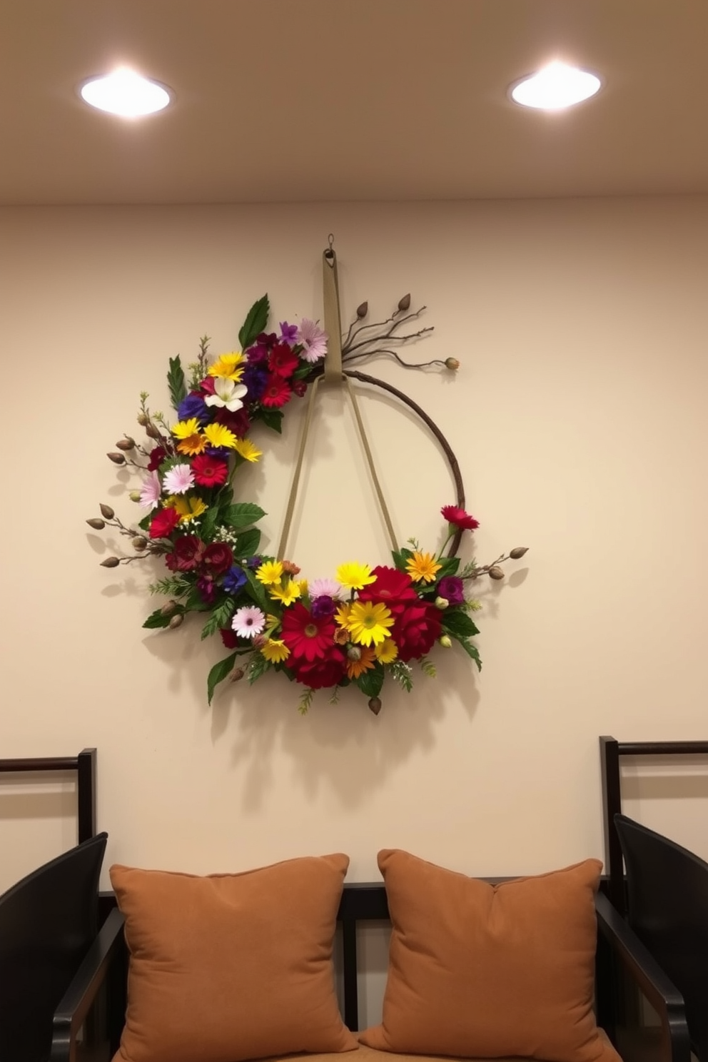 A decorative wreath adorned with vibrant seasonal flowers hangs prominently on the wall. Below the wreath, the basement features cozy seating arrangements with soft cushions and warm lighting, creating an inviting atmosphere.