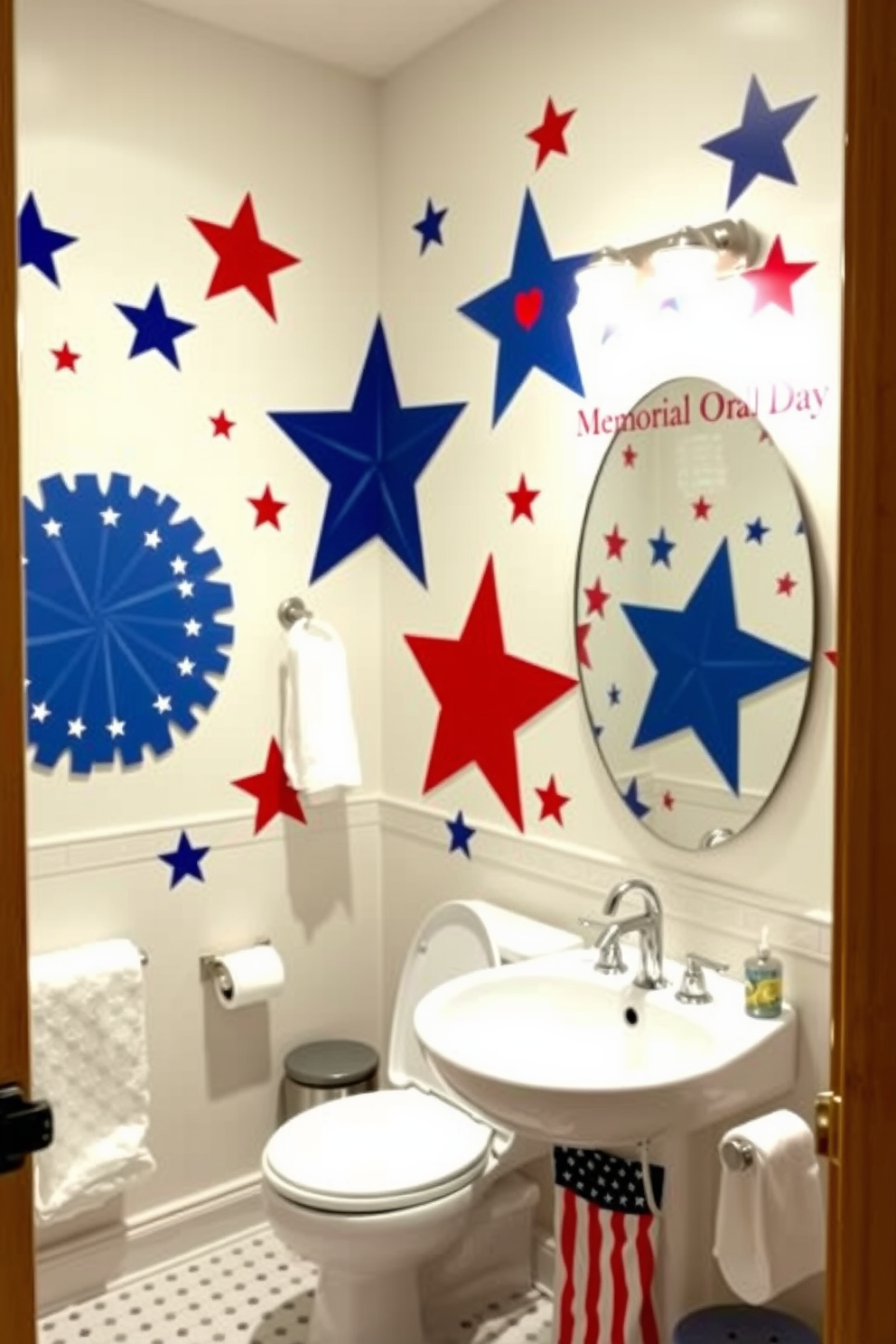 A patriotic themed bathroom adorned with wall decals celebrating Memorial Day. The walls feature large stars and stripes decals in red white and blue, creating an inviting and festive atmosphere.