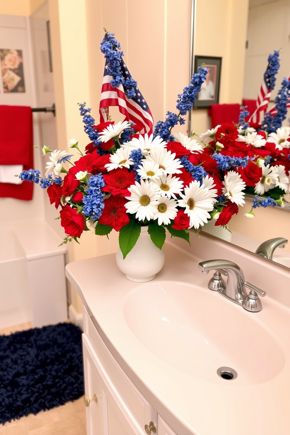 A vibrant bathroom setting adorned with a red white and blue floral arrangement celebrating Memorial Day. The arrangement features fresh blooms in shades of red and blue, complemented by white daisies, placed in an elegant ceramic vase on the countertop. The walls are painted in a soft cream color to enhance the brightness of the space. A plush navy bath mat lies in front of the sink, adding a touch of comfort and style to the overall decor.