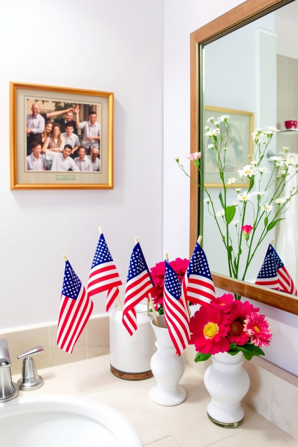 Miniature flags are arranged in decorative vases placed strategically around the bathroom. The vases are filled with fresh flowers to enhance the festive atmosphere for Memorial Day.