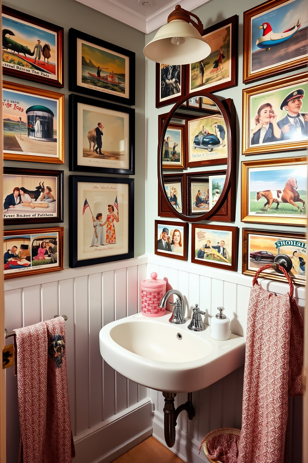 A charming bathroom adorned with vintage postcards framed on the walls, each showcasing unique designs that evoke nostalgia. The color palette includes soft pastels, creating a warm and inviting atmosphere perfect for Memorial Day celebrations.