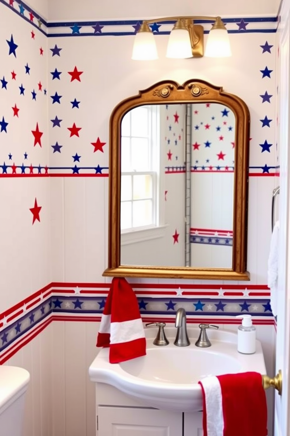 A festive bathroom adorned with stars and stripes wallpaper border creates a patriotic atmosphere. The walls are accentuated with a crisp white paint that complements the vibrant colors of the border. A vintage-style mirror hangs above a farmhouse sink, reflecting the cheerful decor. Red, white, and blue towels are neatly arranged, adding a touch of holiday spirit to the space.