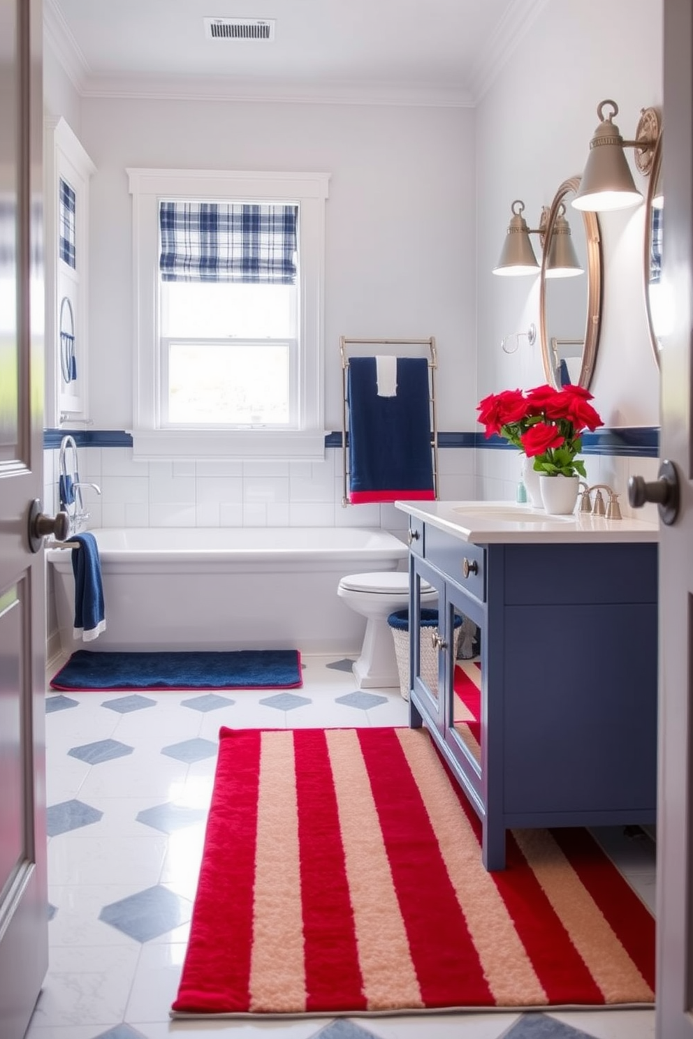 A vibrant bathroom setting featuring a red white and blue rug that adds a festive touch. The rug complements white cabinetry and navy blue accents, creating a cohesive and patriotic atmosphere.