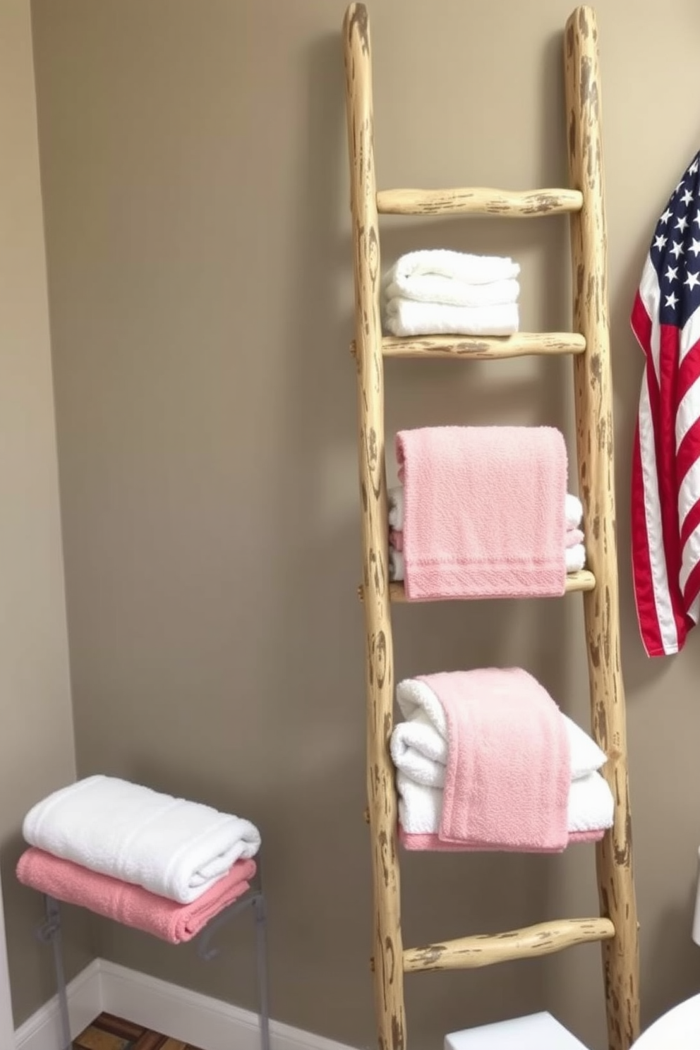 A decorative ladder stands elegantly against the wall, showcasing neatly folded towels in soft pastel colors. The ladder adds a charming rustic touch to the bathroom, enhancing the overall Memorial Day decor theme with subtle red, white, and blue accents.