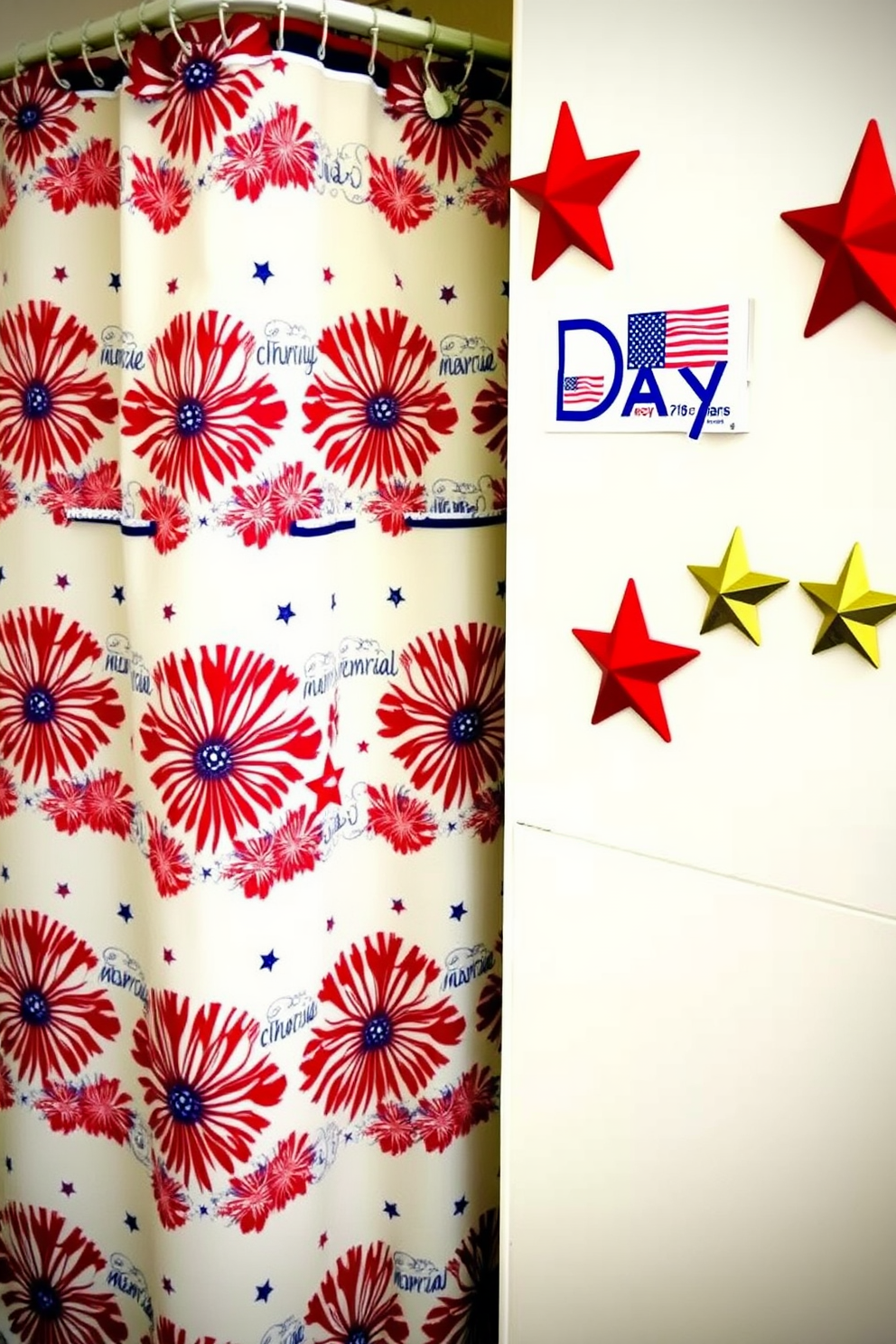 A festive bathroom setting celebrating Memorial Day. The shower curtain features a vibrant red white and blue pattern, while decorative hooks shaped like stars add a patriotic touch.