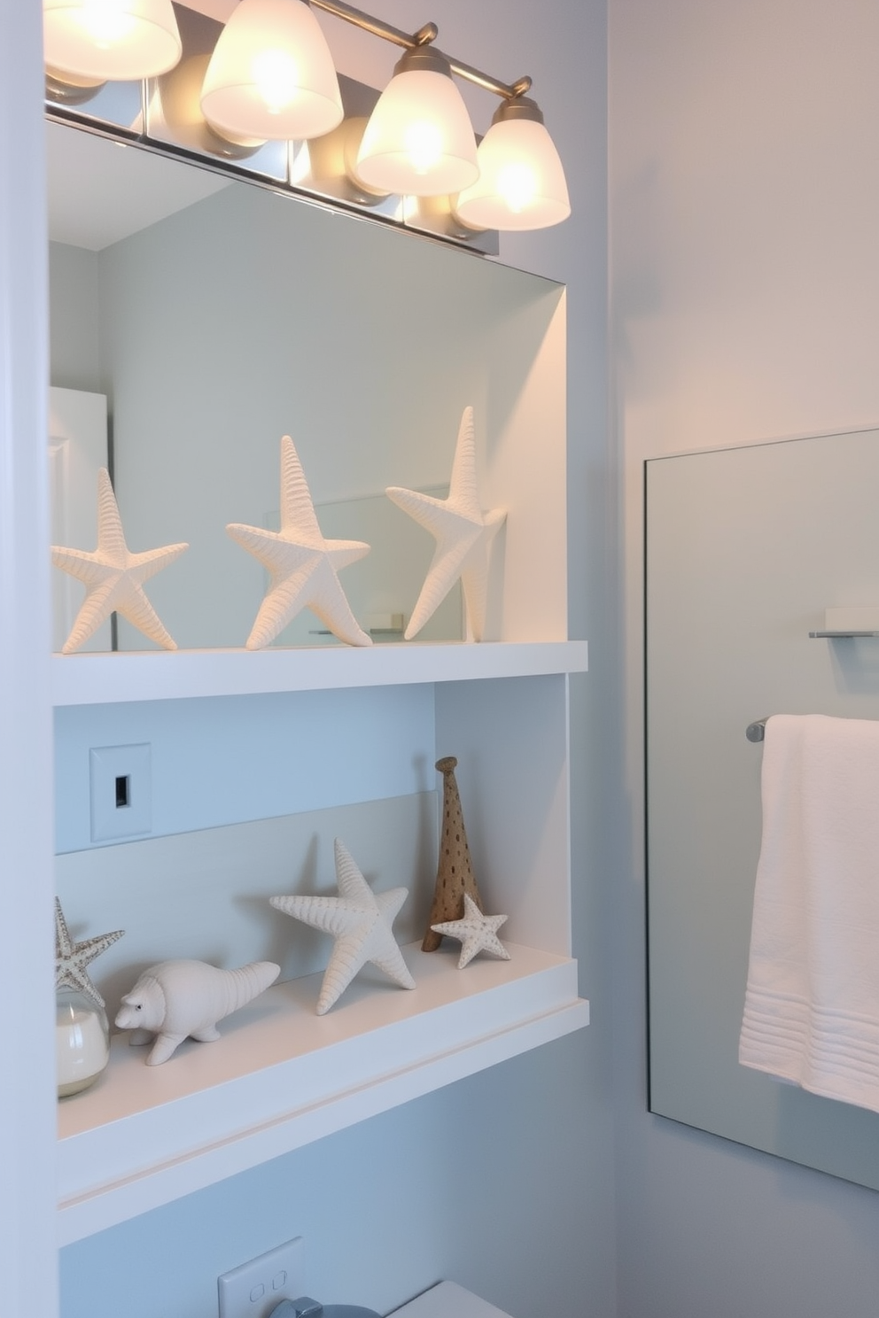 A serene bathroom ambiance featuring starfish and shell decorations artfully arranged on open shelves. The walls are painted in a soft blue hue, and a large mirror reflects the coastal-inspired decor, enhancing the tranquil atmosphere.