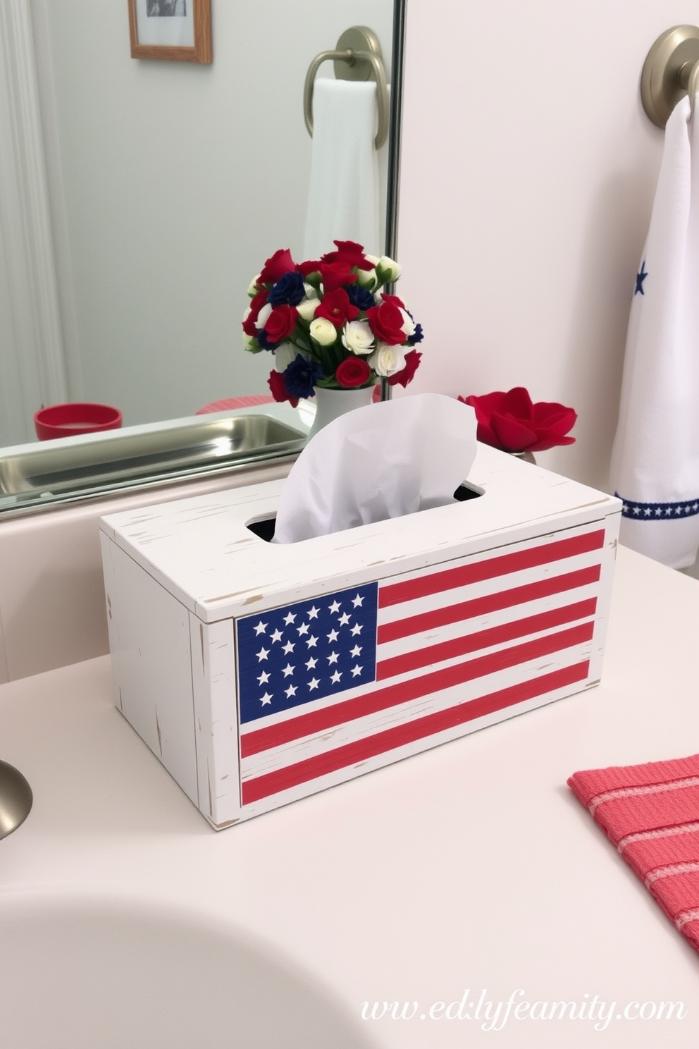 A tissue box cover designed with an American flag motif sits prominently on the countertop. The cover is crafted from wood with a distressed finish, adding a rustic charm to the bathroom decor. Surrounding the tissue box are red, white, and blue accents, including a small decorative vase filled with fresh flowers. The overall theme celebrates Memorial Day while maintaining an elegant and cohesive bathroom aesthetic.