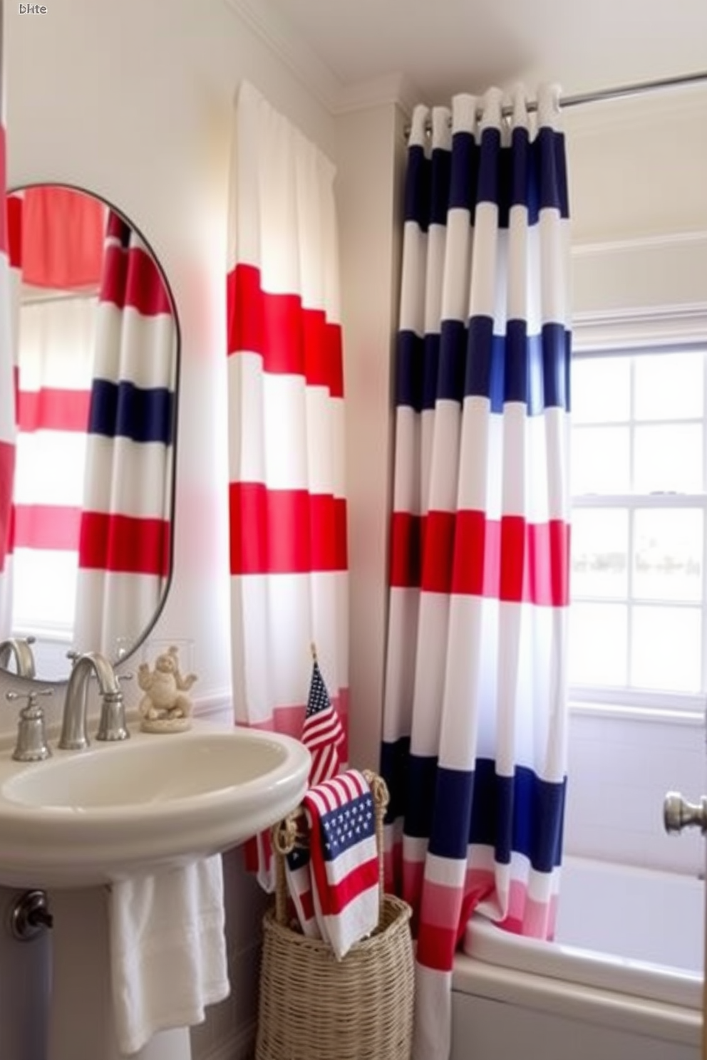 A bright and airy bathroom adorned with nautical stripes on the curtains. The curtains are made of a lightweight fabric that gently billows with the breeze, adding a relaxed coastal vibe to the space. Incorporate red, white, and blue accents to celebrate Memorial Day. A tasteful arrangement of patriotic-themed decor, such as a small flag and themed towels, brings a festive touch to the serene environment.