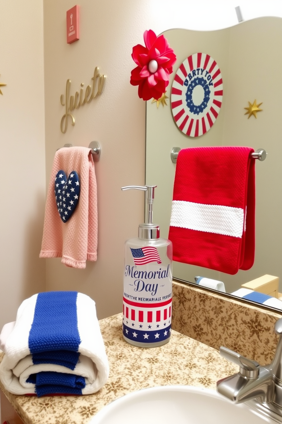 A festive bathroom setting inspired by a red, white, and blue theme. The soap dispenser is prominently displayed on the countertop, featuring patriotic colors and designs that celebrate Memorial Day. The walls are adorned with subtle decorations reflecting the holiday spirit. Soft towels in coordinating colors are neatly arranged, adding a touch of charm and comfort to the space.