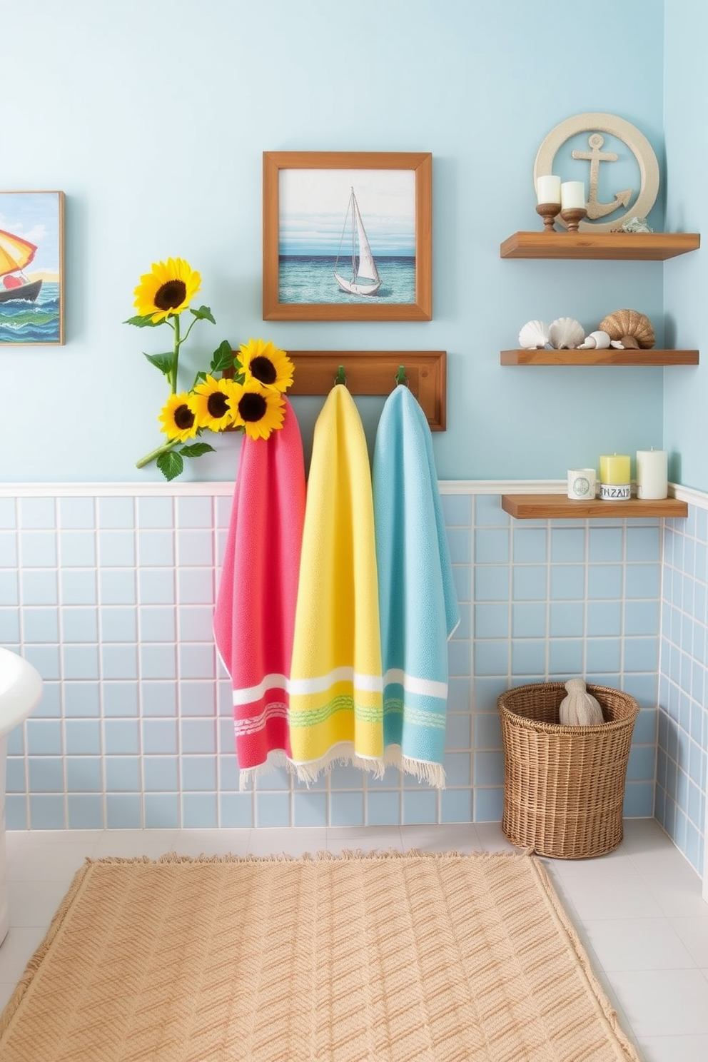 Decorative beach towels in vibrant colors are neatly arranged on a wooden towel rack, adding a cheerful touch to the bathroom. The walls are adorned with nautical-themed artwork, and a fresh bouquet of sunflowers brightens the space. A sandy beige rug complements the light blue tiles, creating a cohesive beach-inspired look. Shelves display decorative seashells and candles, enhancing the summer vibe in the bathroom.