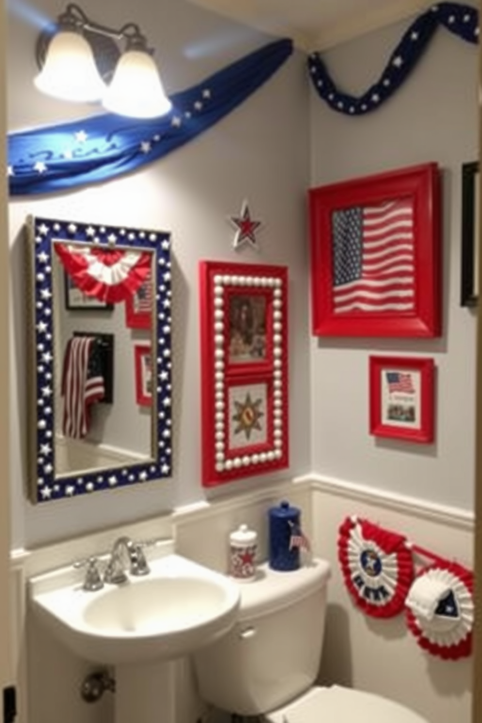 A patriotic themed bathroom featuring picture frames adorned with red white and blue colors. The walls are decorated with framed images of American flags and symbols honoring Memorial Day.