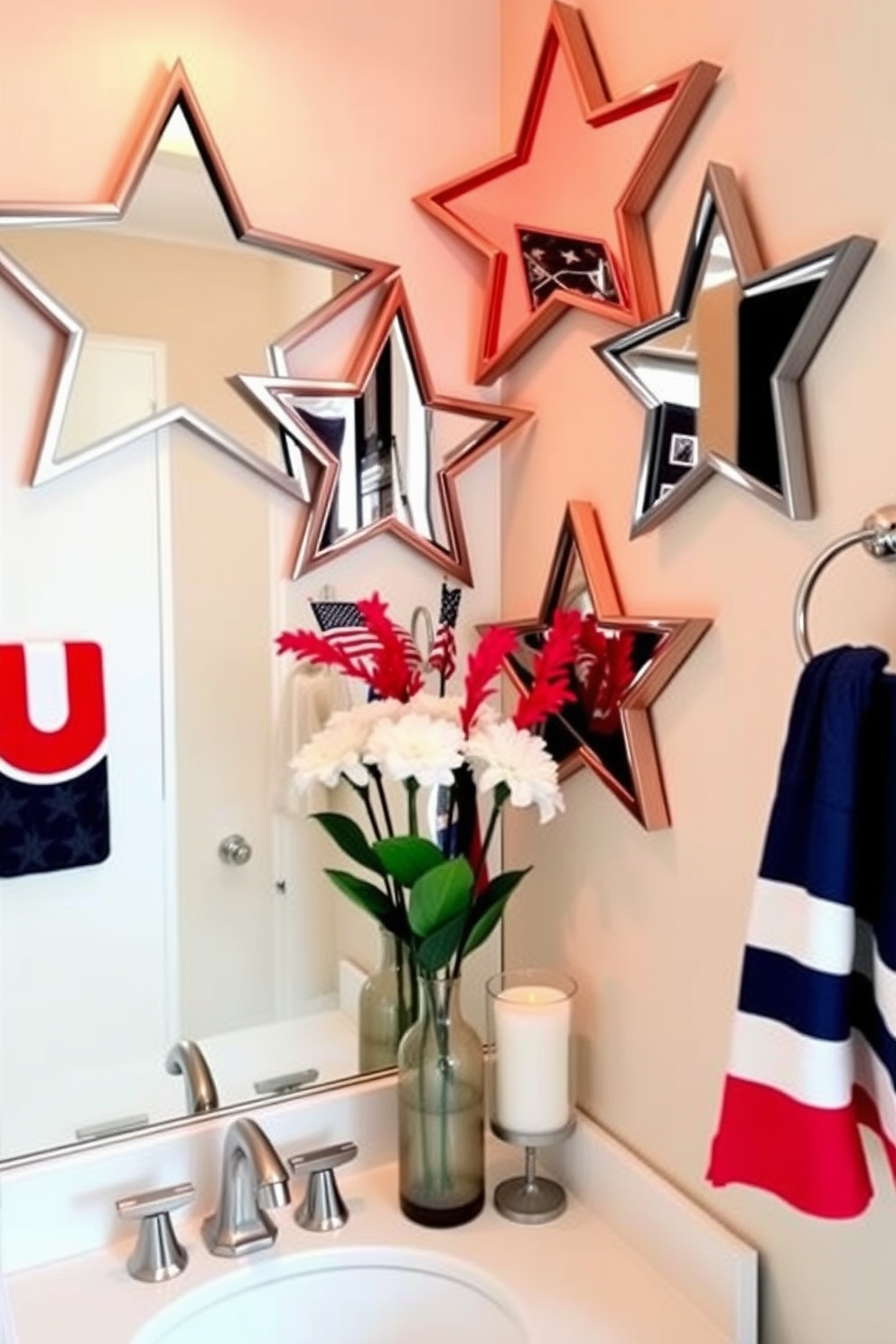 Star shaped wall mirrors create a striking focal point in the bathroom with their unique design and reflective surfaces. The mirrors are arranged in a playful pattern, enhancing the overall ambiance and adding a touch of elegance to the space. Incorporate Memorial Day decorations by adding red, white, and blue accents throughout the bathroom. Consider using themed towels, candles, and floral arrangements to celebrate the holiday while maintaining a cohesive design.