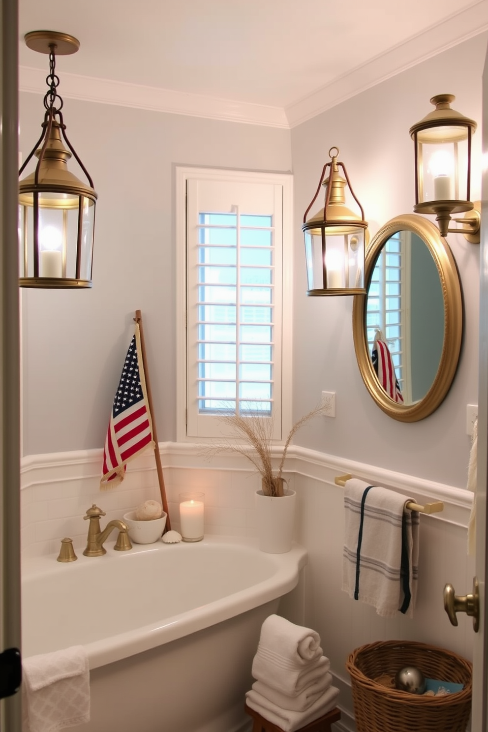 Create a serene bathroom atmosphere featuring nautical lanterns that provide soft ambient lighting. The decor should include elements that evoke a coastal vibe, such as seashell accents and a color palette of soft blues and whites. Incorporate Memorial Day themes with subtle patriotic touches, like red, white, and blue towels or decorative accents. The overall design should create a relaxing retreat that honors the spirit of the holiday while maintaining elegance.