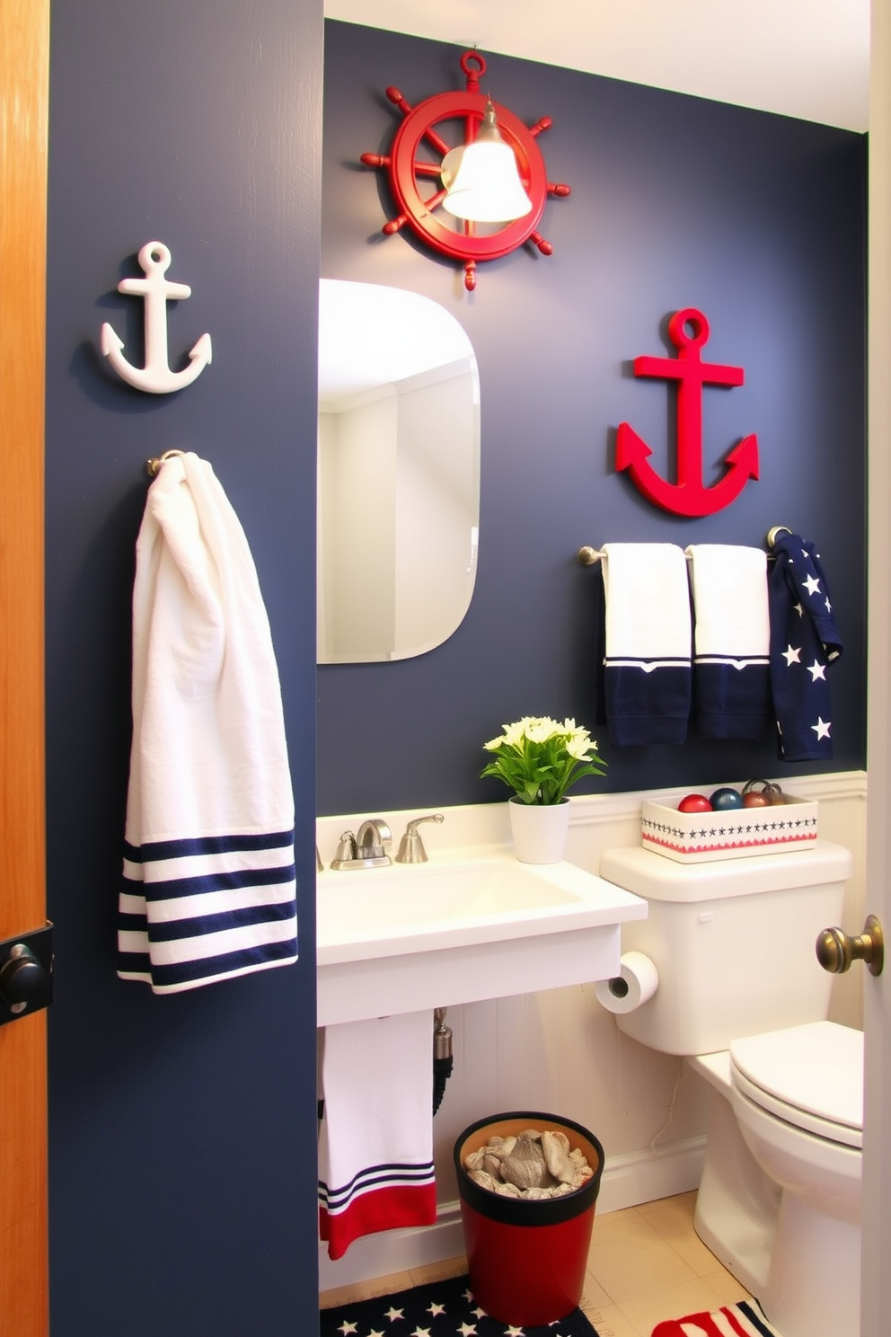 A nautical themed bathroom features accessories such as a ship wheel mirror and anchor-shaped towel hooks. The color palette includes navy blue and crisp white, complemented by seashell decor and striped towels. Memorial Day bathroom decorating ideas showcase red, white, and blue accents throughout the space. Incorporate festive elements like star-spangled shower curtains and patriotic-themed bath mats for a celebratory touch.