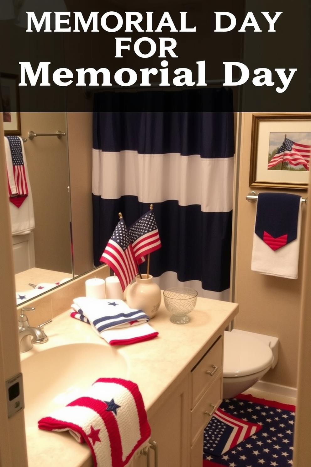 Create a serene bathroom setting for Memorial Day featuring guest towels that are red white and blue. Incorporate decorative elements like stars and stripes on the towels and place a small American flag in a tasteful vase on the countertop. Design a patriotic bathroom atmosphere by using themed accessories such as a shower curtain and bath mat adorned with Memorial Day motifs. Enhance the space with subtle touches of seasonal decor like a framed photo of a flag and a candle in red or blue hues.