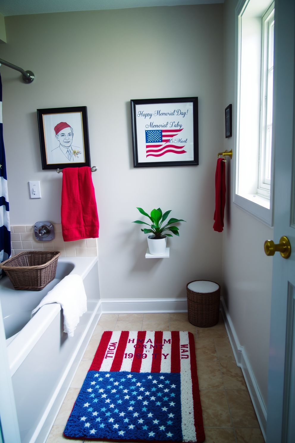 A cozy bathroom setting featuring a flag patterned bath mat that adds a festive touch. The decor includes red white and blue accents with tasteful artwork celebrating Memorial Day. The walls are painted in a soft neutral tone to complement the vibrant colors of the bath mat. A small potted plant sits on the countertop adding a refreshing natural element to the space.