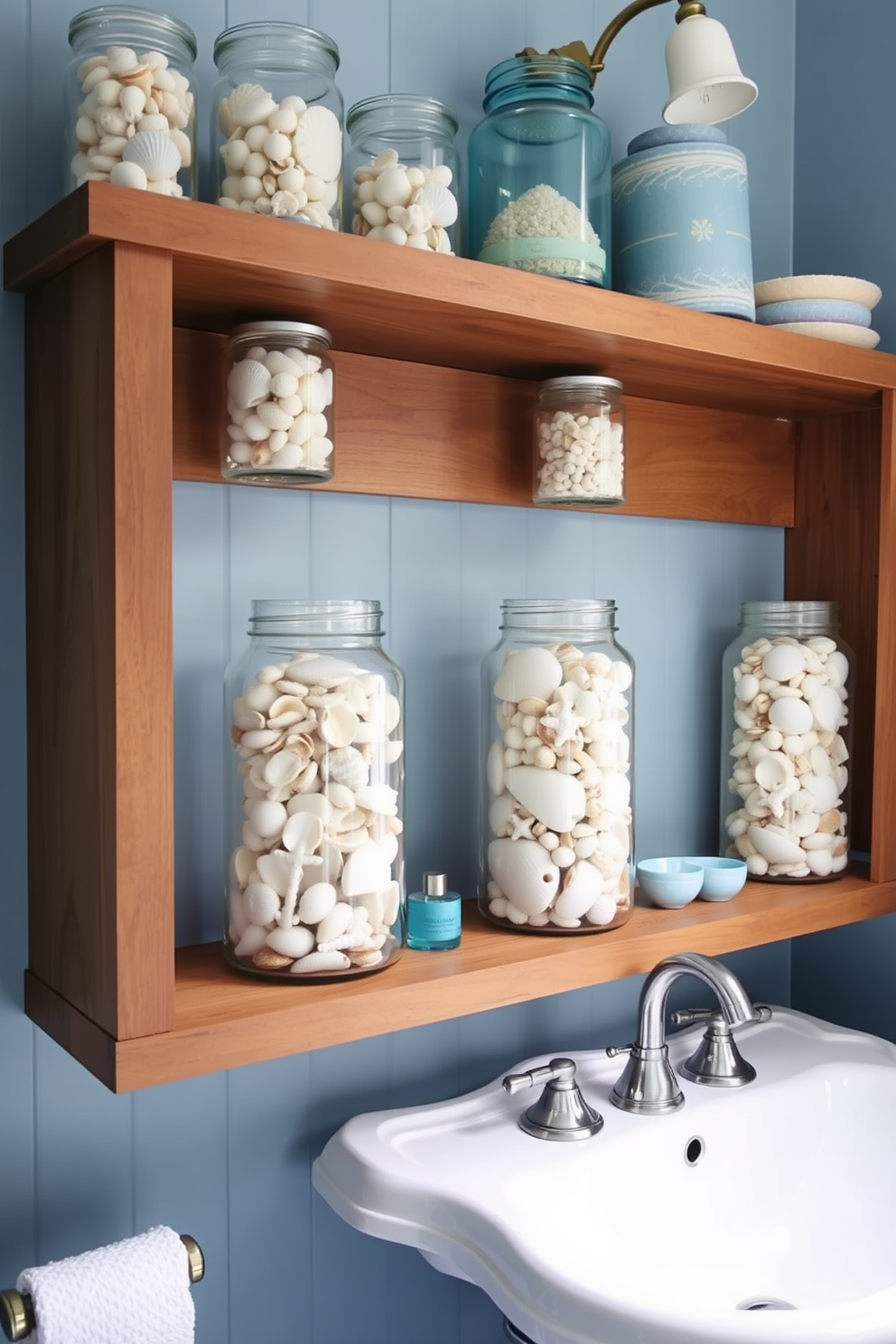 A serene bathroom ambiance featuring decorative jars filled with an assortment of seashells. The jars are artfully arranged on a wooden shelf above a white porcelain sink, complemented by soft blue accents throughout the space.