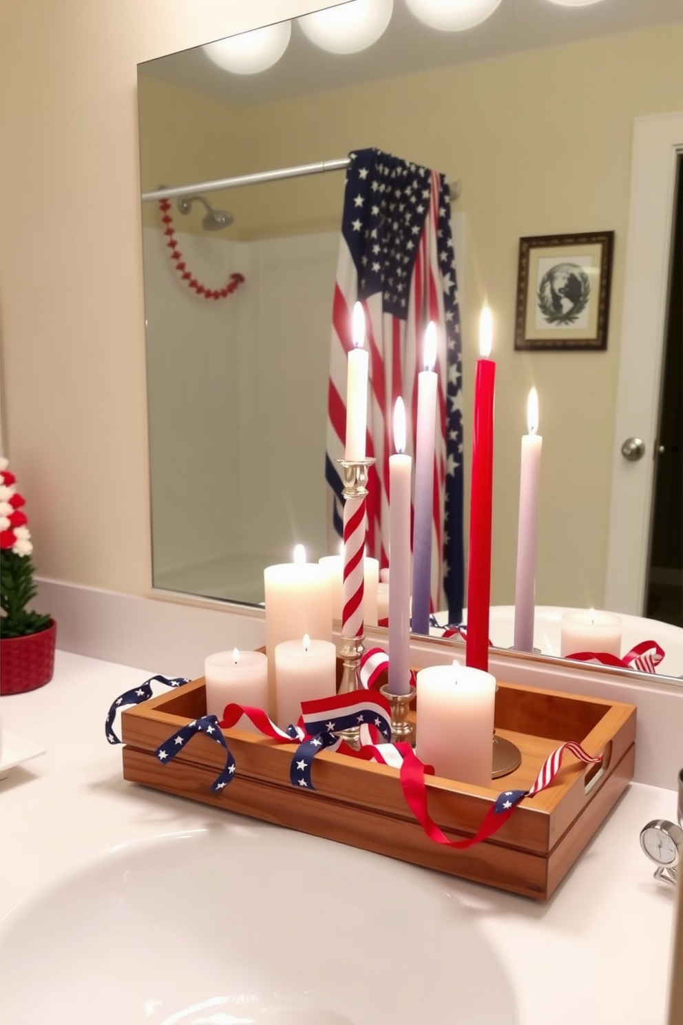 A festive bathroom setting celebrating Memorial Day. There is an arrangement of red white and blue candles placed on a wooden tray atop the countertop.