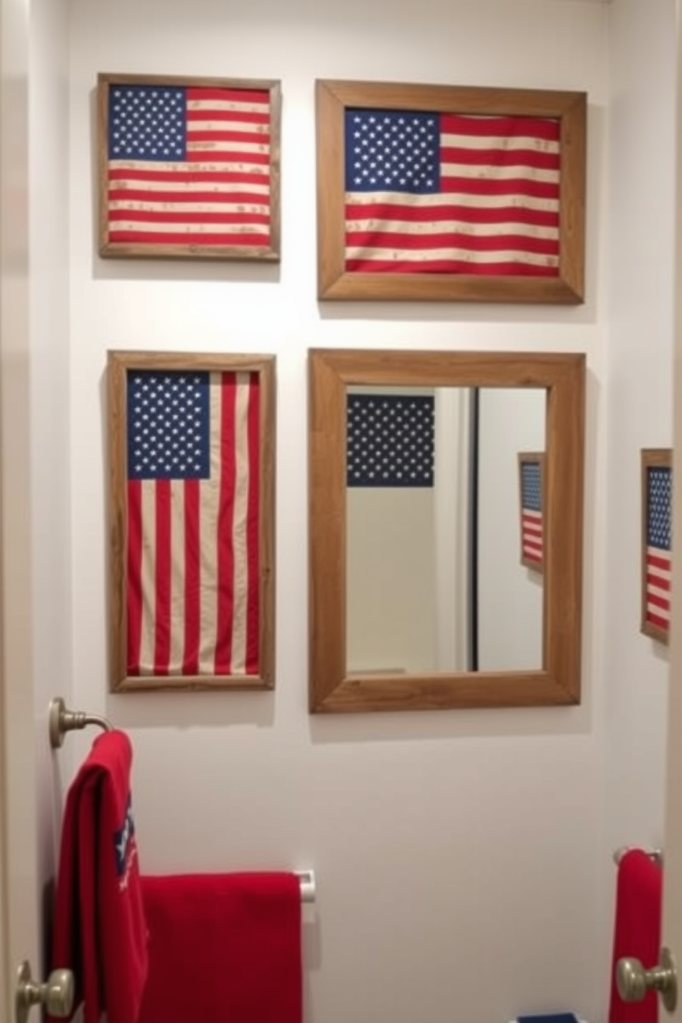 A charming bathroom adorned with vintage American flags as wall art creates a patriotic atmosphere. The flags are framed in rustic wooden frames, adding a touch of warmth to the space. The walls are painted in a soft white hue, allowing the vibrant colors of the flags to stand out. A coordinating red and blue color scheme is incorporated through towels and decorative accents for a cohesive look.