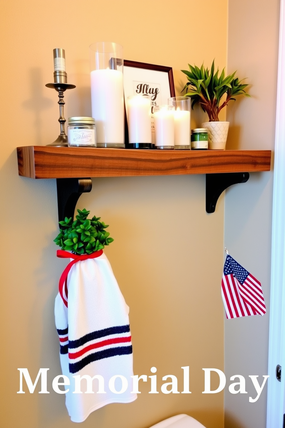 A rustic wood shelf is mounted on the wall, showcasing an array of decor items like candles and small potted plants. The shelf's natural finish complements the warm tones of the bathroom, creating a cozy atmosphere for Memorial Day celebrations. Decorative elements include red, white, and blue accents that honor the holiday. A small flag-themed towel is neatly placed on the shelf, adding a festive touch to the overall decor.