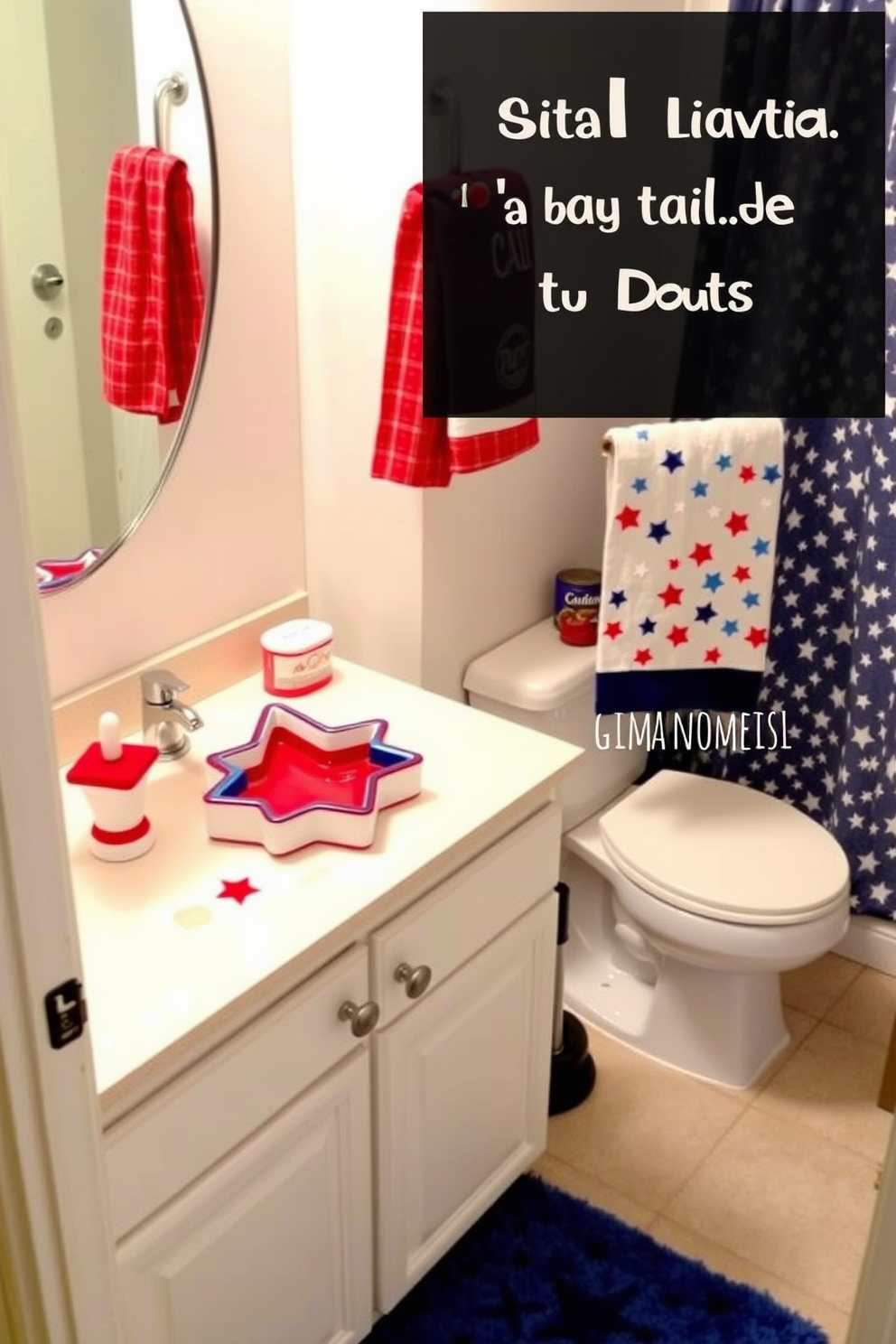 A playful bathroom setting designed for Memorial Day. The focal point is a star-shaped soap dish in vibrant red, white, and blue colors, adding a festive touch to the countertop. Surrounding the soap dish are coordinating accessories, including a matching toothbrush holder and a decorative hand towel featuring stars and stripes. The walls are painted a crisp white, while the floor is adorned with a cheerful blue rug to complete the theme.