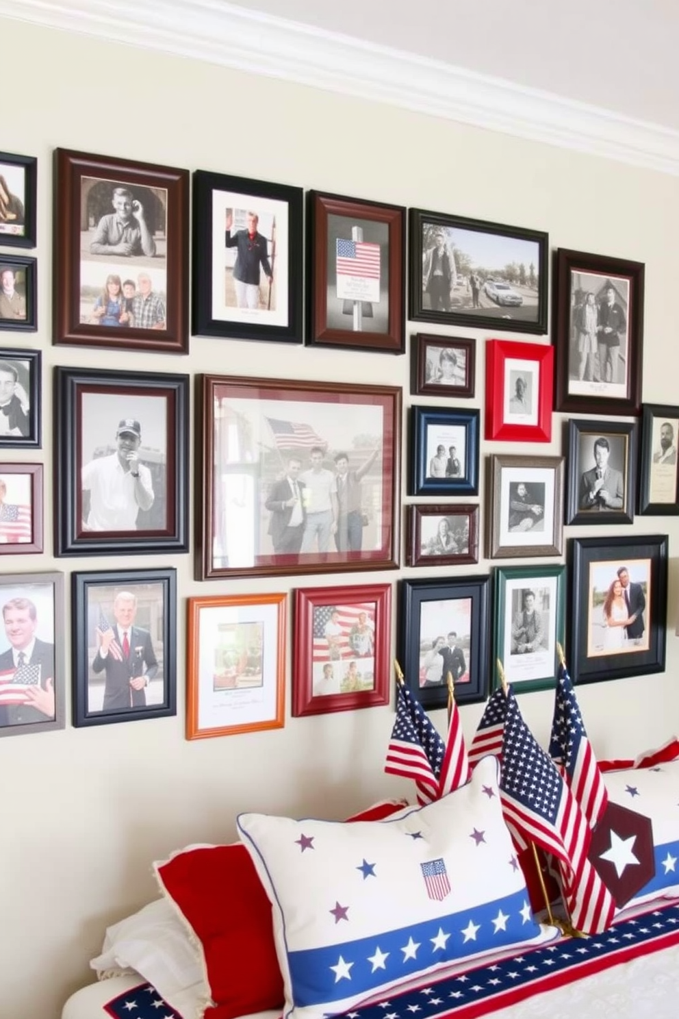 A patriotic themed photo gallery wall features an array of framed photographs and artwork celebrating national holidays and symbols. The wall is adorned with red white and blue accents creating a cohesive and festive atmosphere. For Memorial Day bedroom decorating ideas consider incorporating themed throw pillows and blankets that showcase stars and stripes. A tasteful arrangement of small flags and vintage military memorabilia can enhance the patriotic feel of the space.