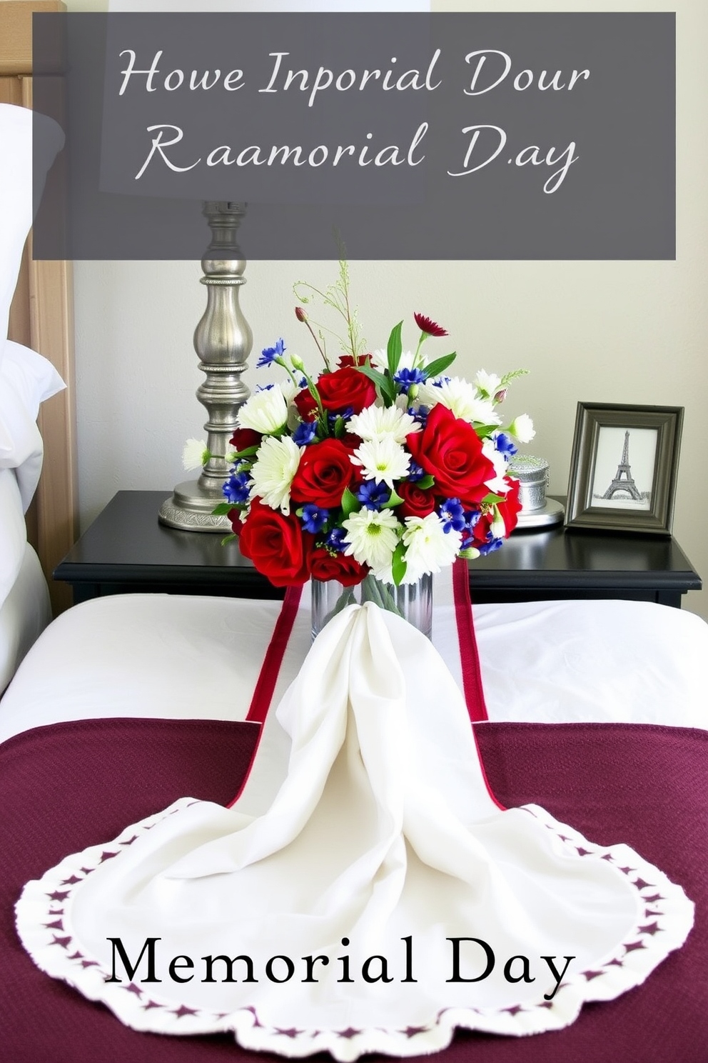 A festive table runner drapes elegantly over a nightstand adorned with a fresh bouquet of red, white, and blue flowers. The nightstand is styled with a vintage lamp and a small framed photo, creating a warm and inviting atmosphere for Memorial Day celebrations.