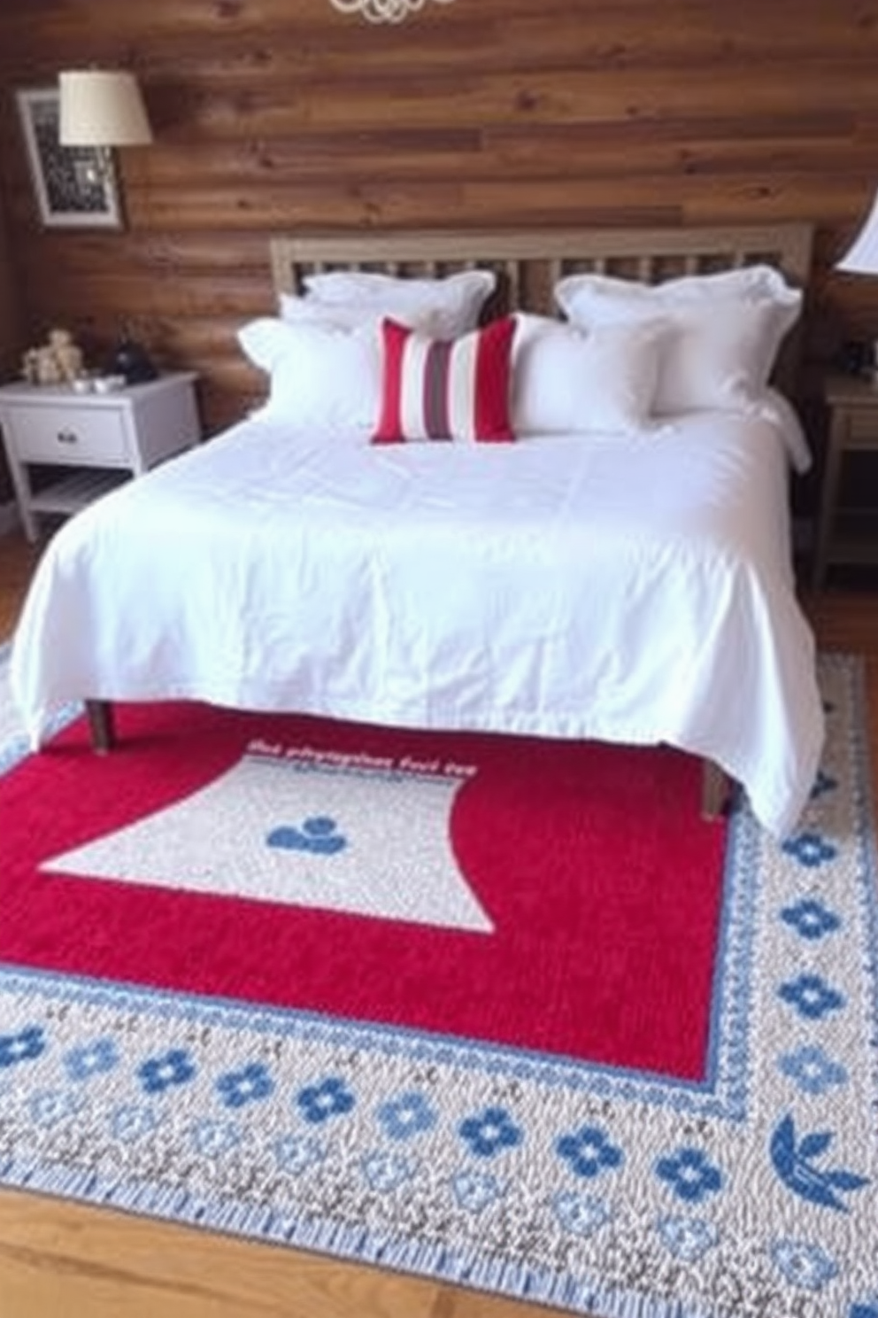 A cozy bedroom featuring a red white and blue area rug that adds a festive touch to the space. The rug is positioned under a neatly made bed with crisp white linens and decorative pillows in coordinating colors.