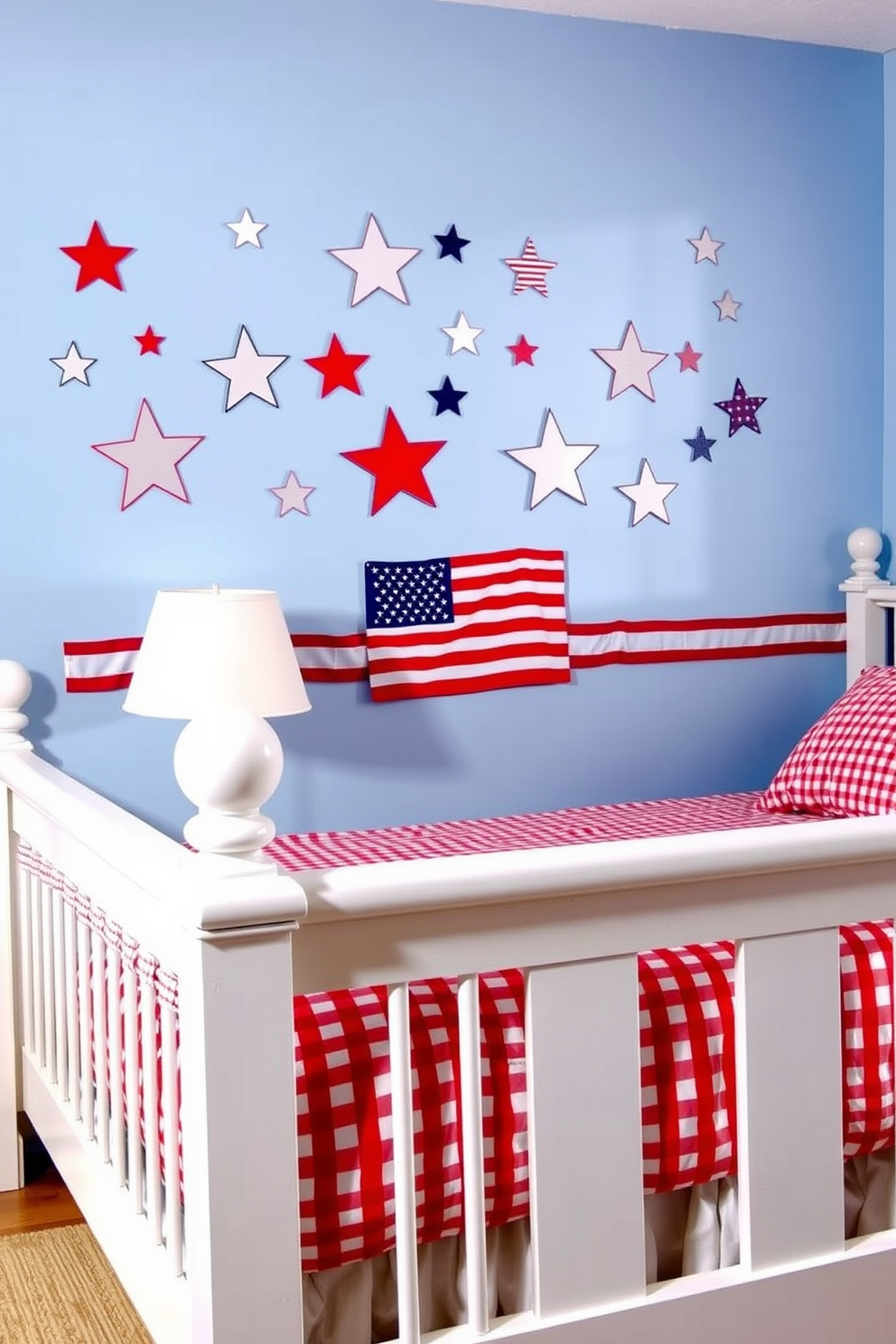 A cozy bedroom adorned with Americana themed wall decals featuring stars and stripes in various sizes. The walls are painted in a soft blue hue, complementing a classic white wooden bedframe with red and white gingham bedding.