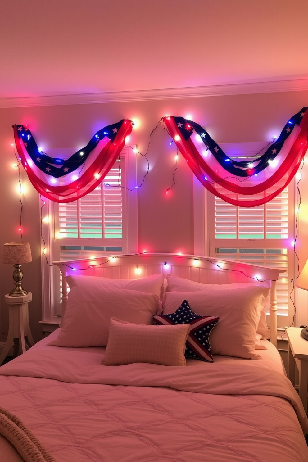 A cozy bedroom adorned with red white and blue fairy lights creating a festive atmosphere. The lights are draped elegantly across the headboard and around the windows, enhancing the patriotic theme of the space.