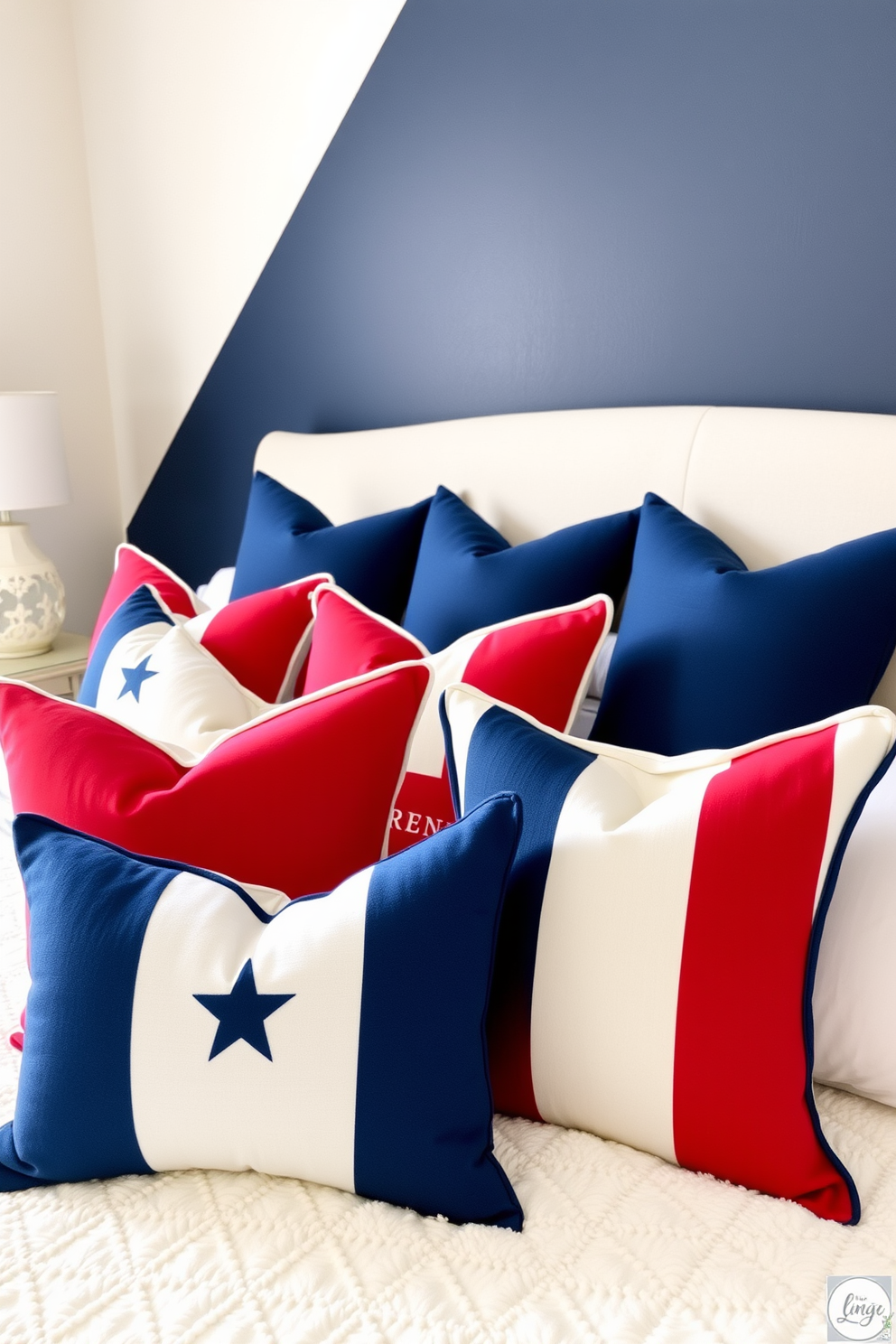 A cozy bedroom adorned with red white and blue throw pillows that celebrate Memorial Day. The pillows are arranged on a plush white bedspread, complemented by a navy blue accent wall that adds depth to the space.