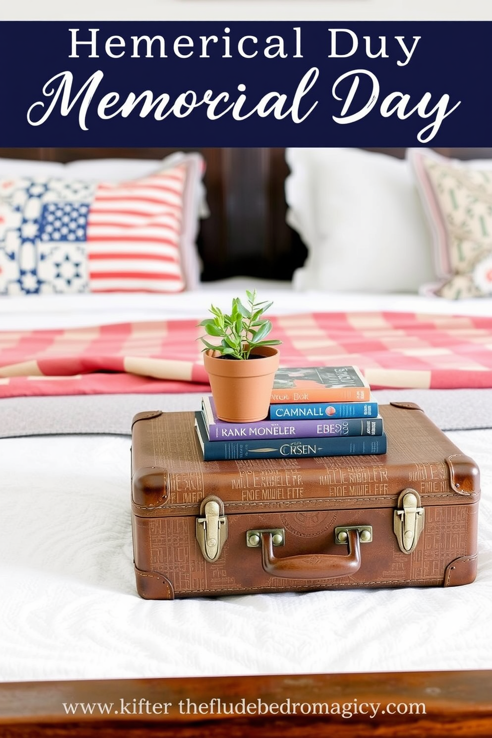 A vintage suitcase serves as a charming decorative table at the foot of the bed. It is adorned with a small potted plant and a stack of travel books, adding a nostalgic touch to the Memorial Day bedroom decor.