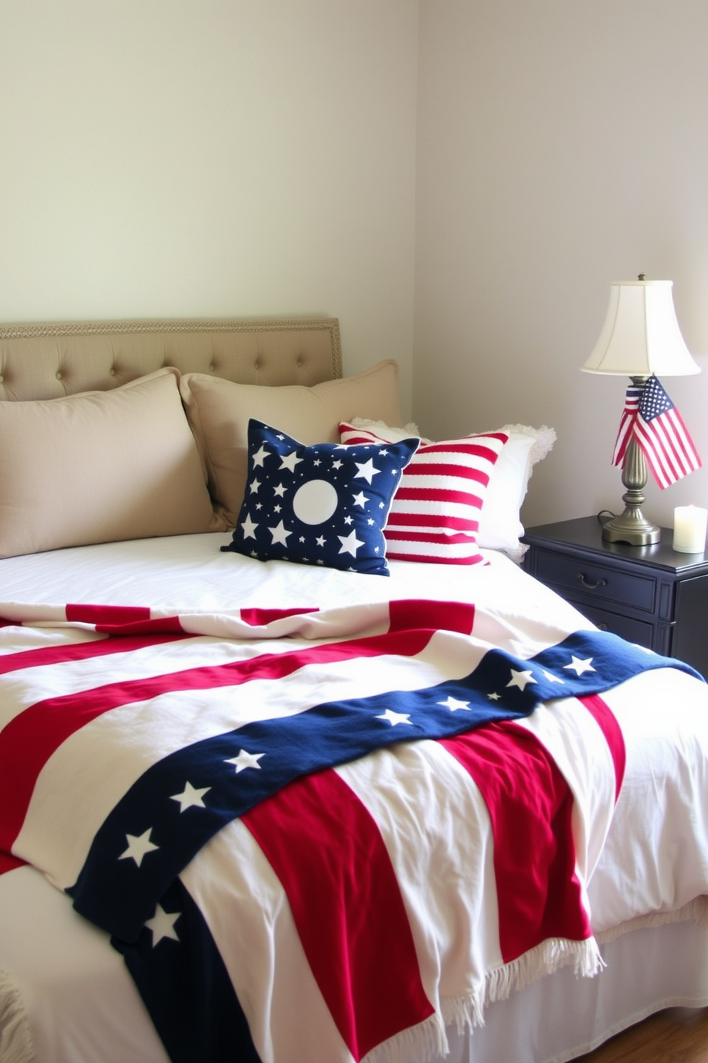 Create a cozy bedroom scene featuring Memorial Day themed throw blankets draped over a plush bed. The blankets should showcase red, white, and blue patterns, adding a festive touch to the room's decor. Incorporate decorative pillows with stars and stripes on the bed, complementing the throw blankets. A small American flag can be placed on the nightstand alongside a vintage lamp to enhance the patriotic ambiance.