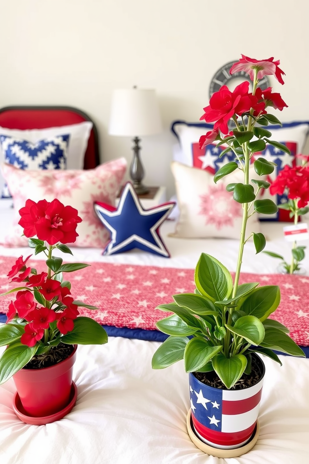 A cozy bedroom decorated for Memorial Day features potted plants in vibrant red, white, and blue hues placed strategically around the room. The bedding incorporates stars and stripes, while decorative throw pillows add a touch of festive charm.