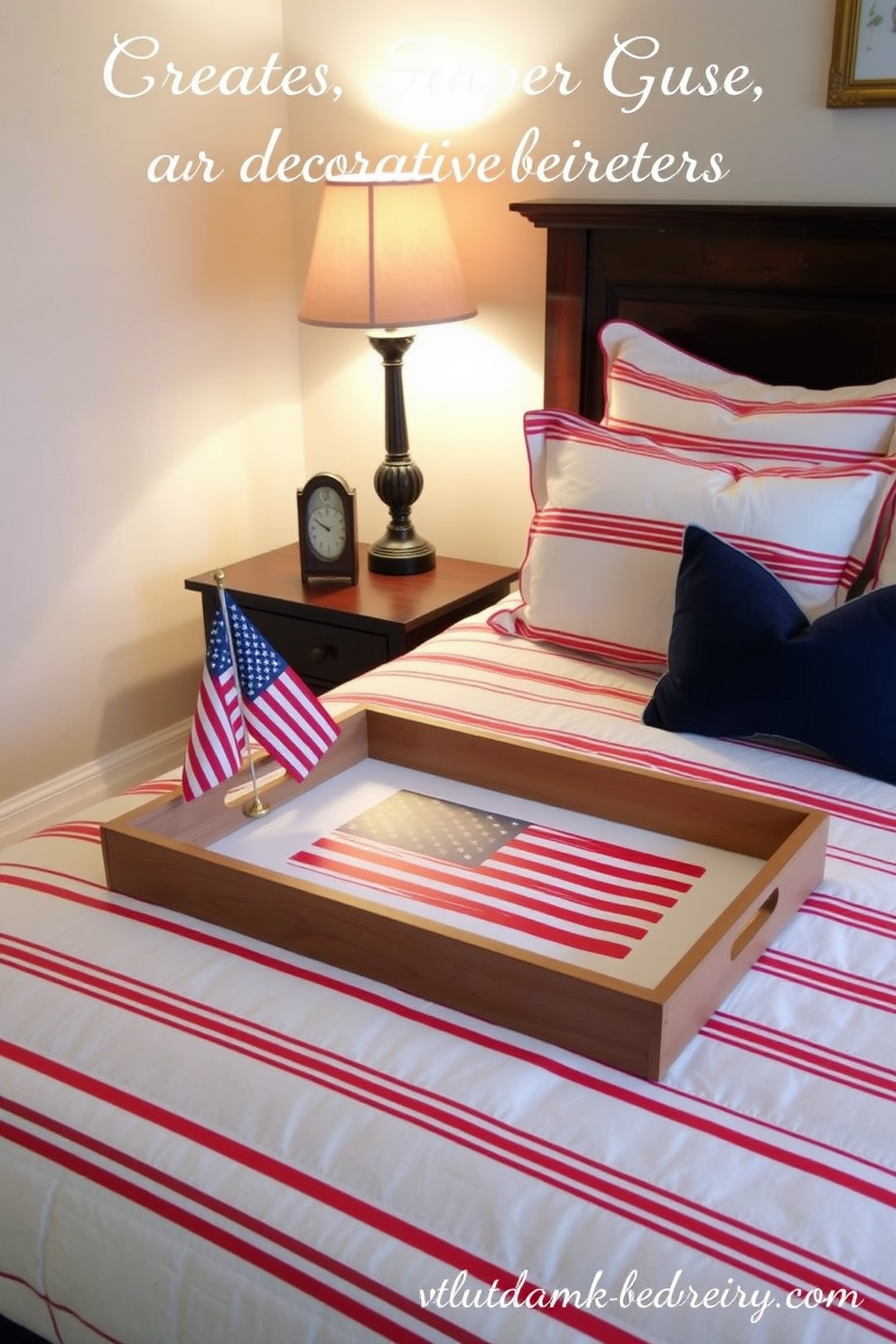 Create a cozy bedroom setting that features decorative trays with patriotic motifs. The trays are placed on a wooden nightstand adorned with a small American flag and a vintage clock. The bedding includes a red and white striped comforter complemented by navy blue accent pillows. Soft lighting from a bedside lamp casts a warm glow, enhancing the festive atmosphere of the room.