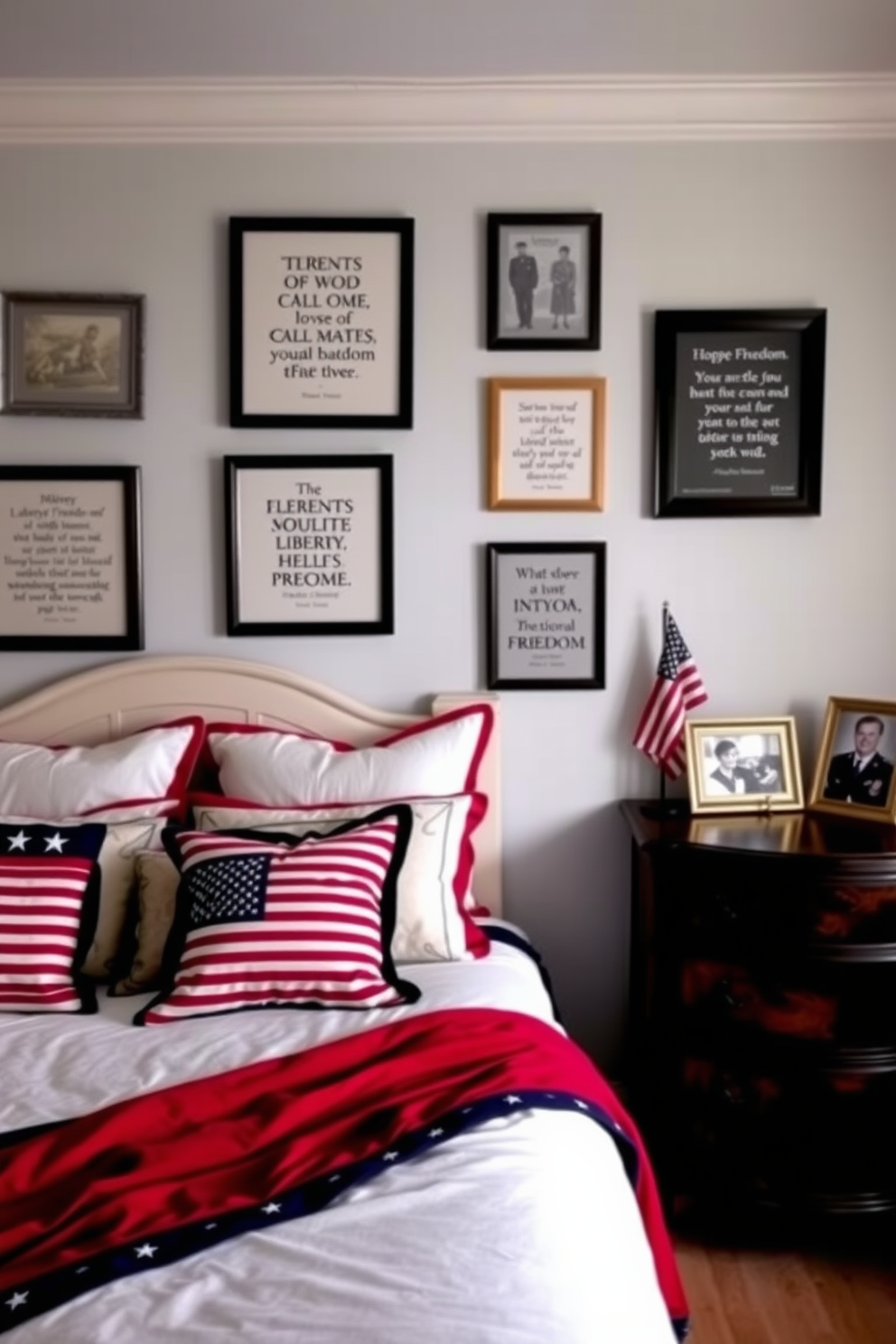 A serene bedroom setting that celebrates freedom and patriotism. The walls are adorned with framed quotes about liberty and national pride, creating an inspiring atmosphere. The bedding features a mix of red, white, and blue tones, complemented by decorative pillows showcasing stars and stripes. A vintage wooden dresser sits against one wall, topped with a small American flag and a framed photo of a loved one in uniform.