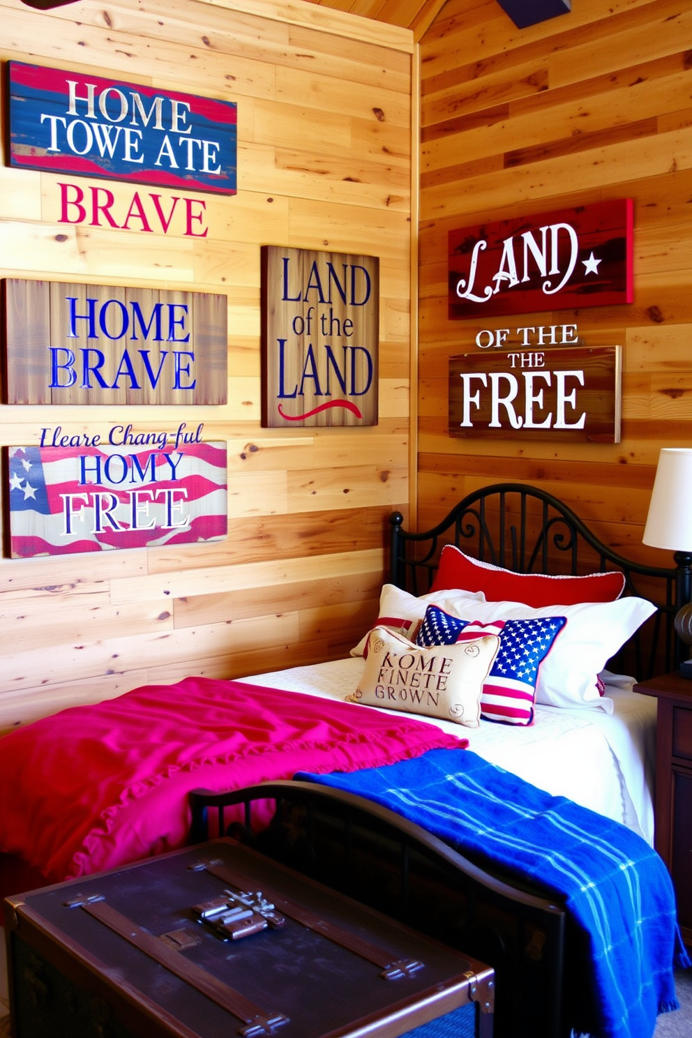 Rustic wooden signs with patriotic messages adorn the walls of a cozy bedroom. The signs feature phrases like 