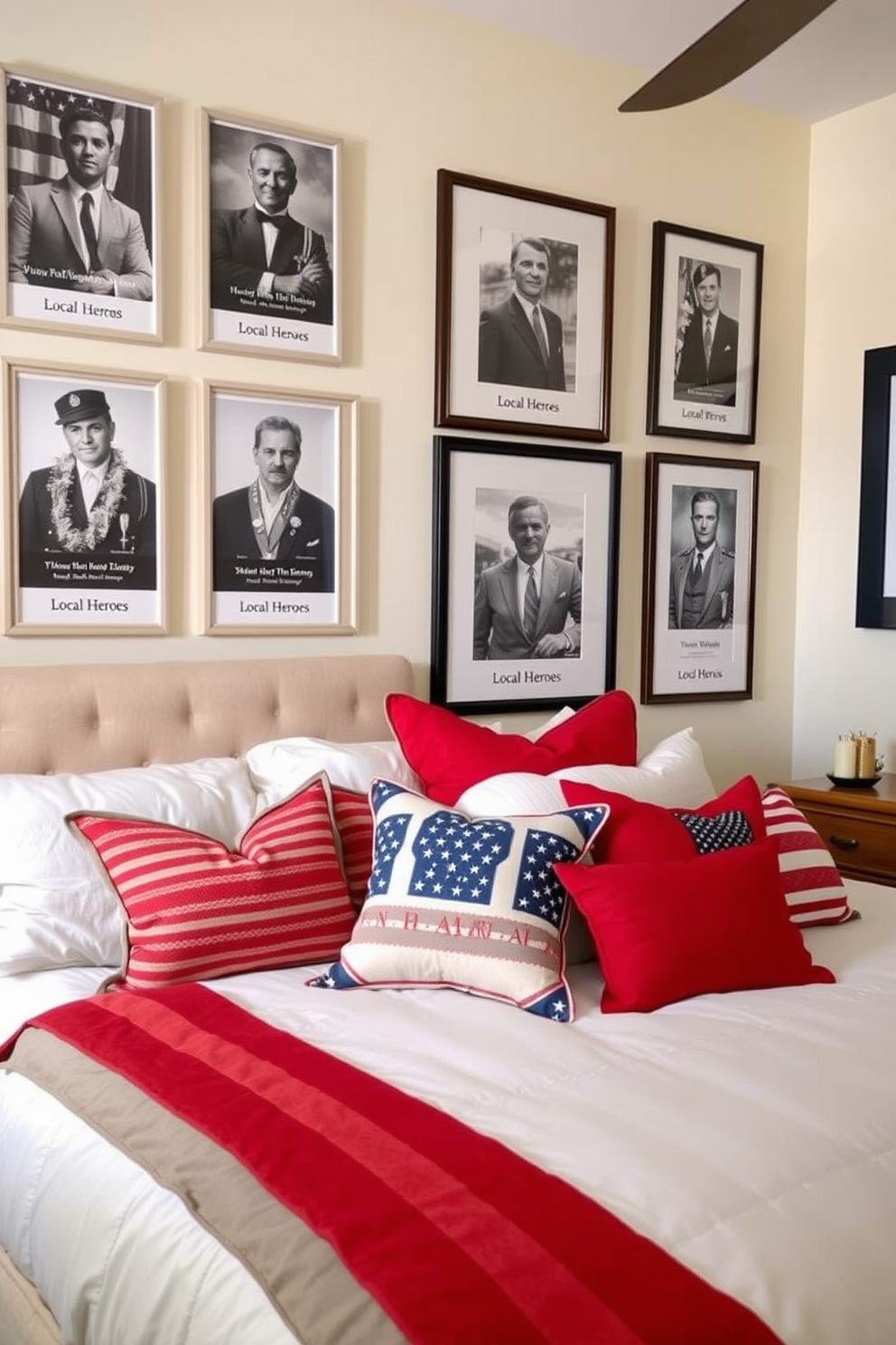 Themed artwork featuring local heroes is displayed prominently in the bedroom. The walls are adorned with framed prints that celebrate community figures, creating a sense of pride and inspiration. The bedding features a palette of red, white, and blue, complementing the artwork beautifully. Soft textures and layered pillows add comfort, making the space inviting and reflective of the Memorial Day theme.