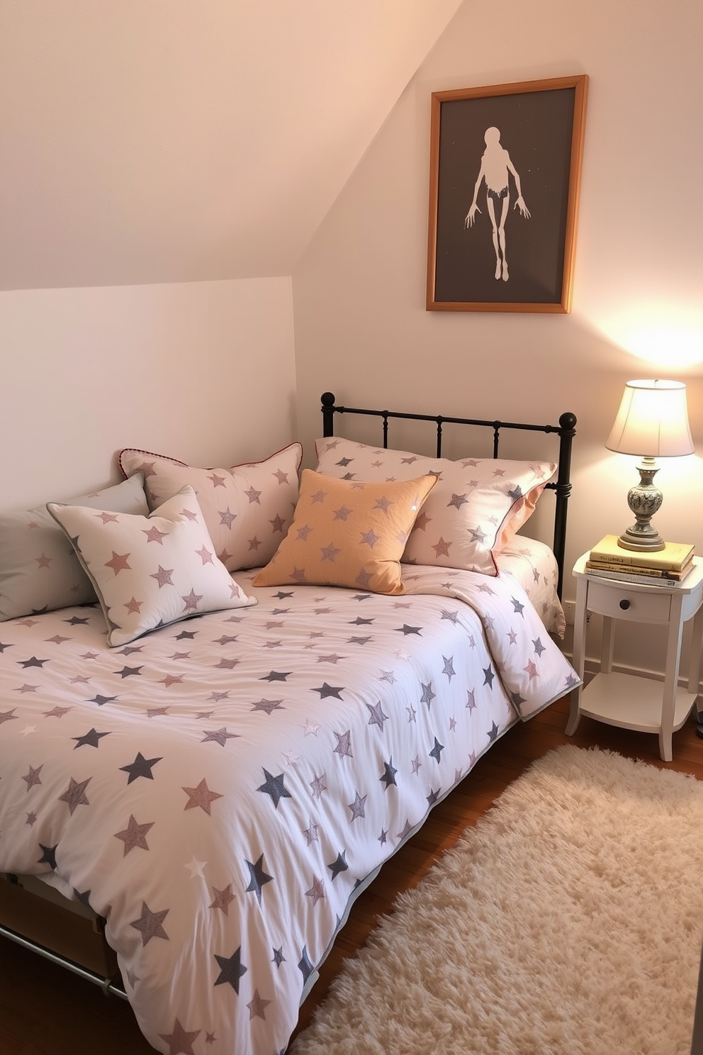 A cozy bedroom featuring star patterned bedding that creates a warm and inviting atmosphere. The bedding is complemented by soft throw pillows in coordinating colors and a plush area rug underfoot. The walls are painted in a light, airy hue to enhance the sense of space. A bedside table holds a decorative lamp and a few books, adding a personal touch to the decor.