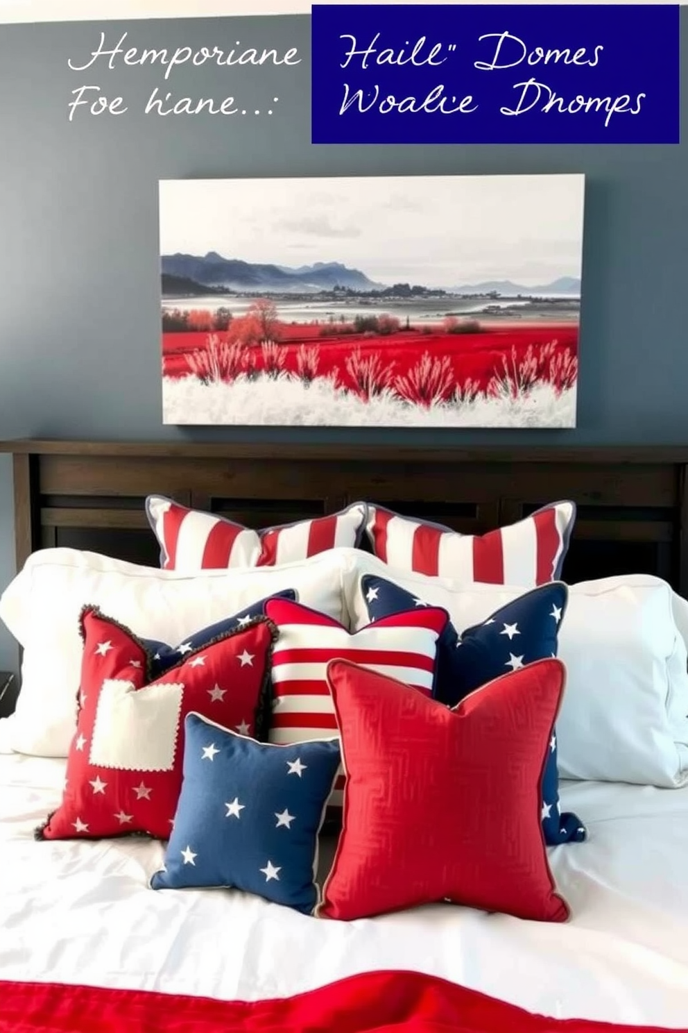 Create a cozy bedroom setting inspired by Memorial Day with red white and blue themed artwork. The walls are adorned with a large canvas featuring a patriotic landscape, while decorative pillows in coordinating colors are arranged on the bed.