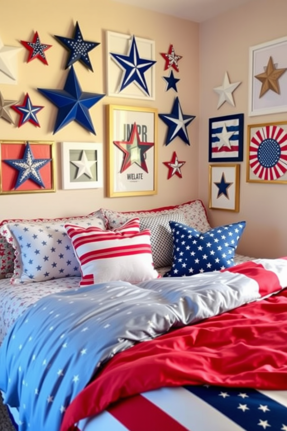 A vibrant bedroom featuring a gallery wall adorned with stars and stripes wall art in various sizes. The bedding is a mix of red, white, and blue patterns, creating a festive yet cozy atmosphere for Memorial Day celebrations.