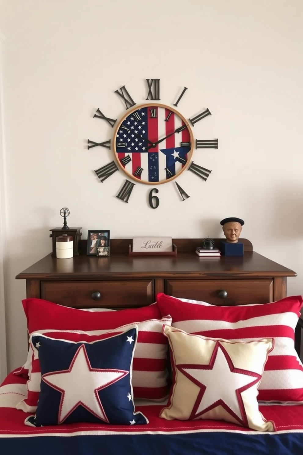 A patriotic themed wall clock is the focal point of the bedroom, featuring a design that incorporates the colors of the American flag. The clock is mounted above a rustic wooden dresser, which is adorned with small decorative items that reflect the spirit of Memorial Day. The bedding is styled in red, white, and blue tones, creating a cohesive and festive atmosphere. Vintage-inspired throw pillows with stars and stripes add a touch of charm and comfort to the space.