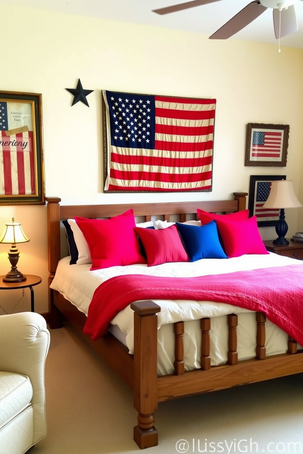 A cozy bedroom adorned with vintage American flag framed decor. The walls are painted in soft cream, and a rustic wooden bed frame is centered against the wall. Bright red and navy blue accent pillows are arranged on the bed, adding a pop of color. A small side table holds a vintage lamp with a warm glow, enhancing the patriotic theme.