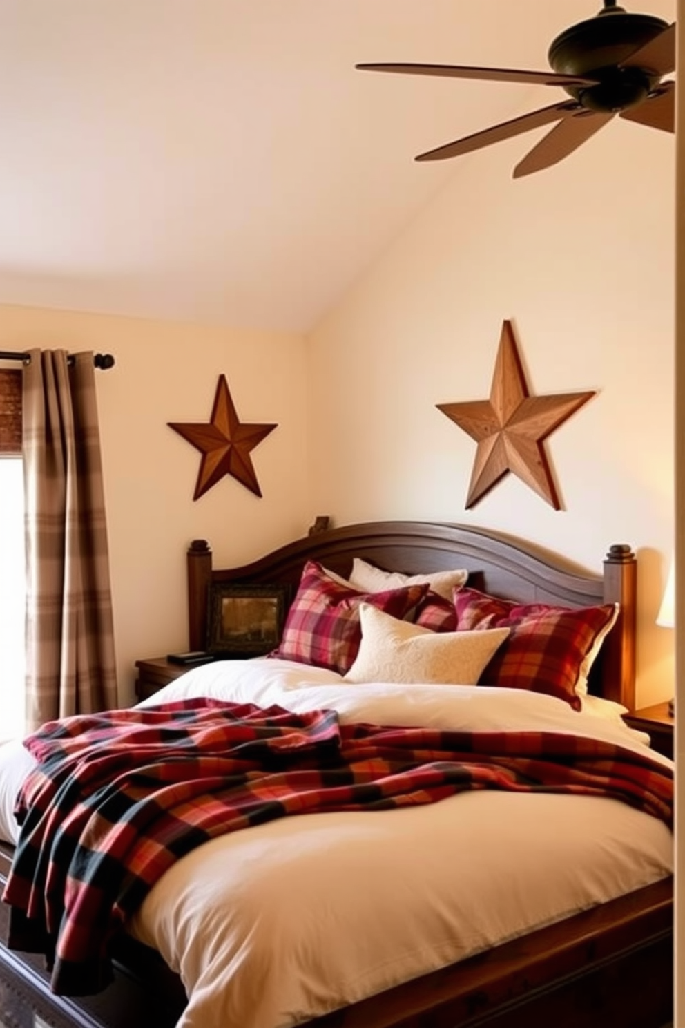 A cozy bedroom featuring rustic wooden star accents on the walls. The decor includes a warm color palette with soft textiles and a comfortable bed adorned with plaid blankets.