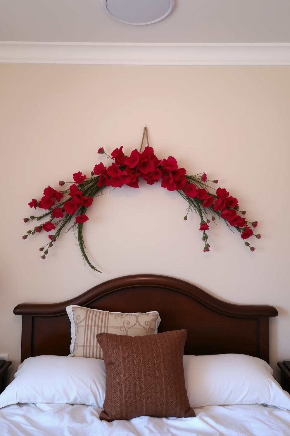 A cozy bedroom adorned with a decorative wreath featuring vibrant red flowers. The wreath is elegantly hung above the headboard, creating a warm and inviting focal point in the room.