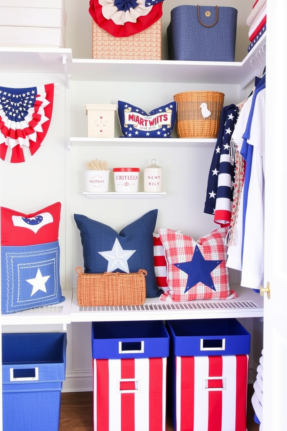 Create a vibrant closet space that showcases red white and blue themed accessories perfect for Memorial Day. Incorporate decorative elements such as star-spangled banners, patriotic throw pillows, and stylish storage bins in these colors to enhance the festive atmosphere.