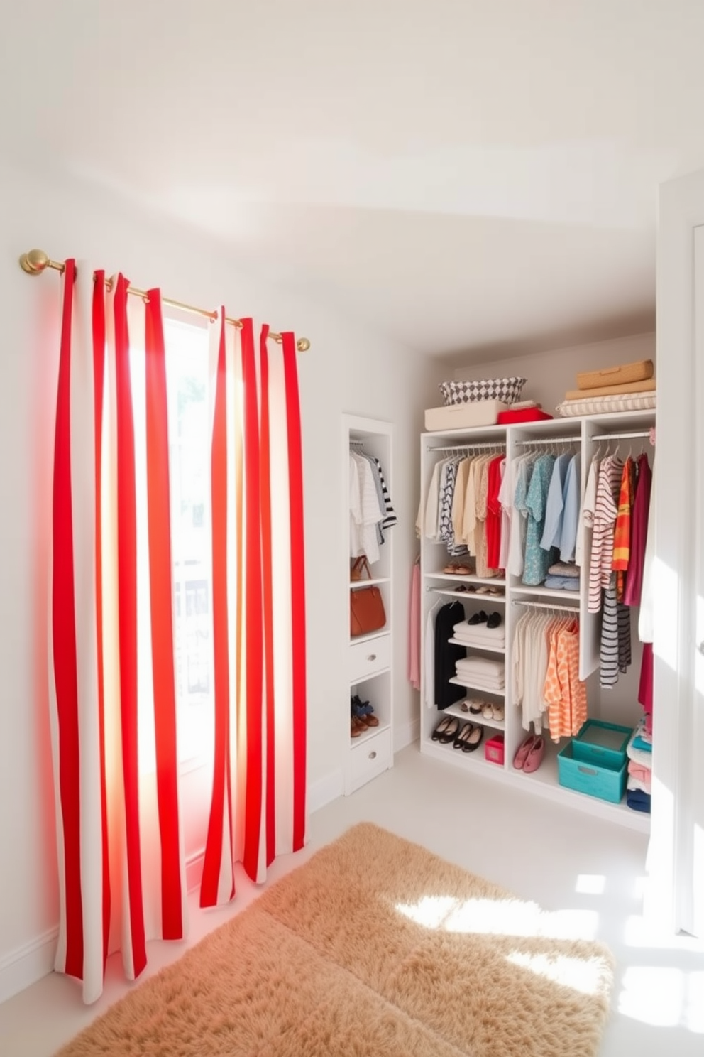 A bright and airy closet space featuring red striped curtains that add a vibrant pop of color. The curtains frame a large window that allows natural light to flood the room, enhancing the warm atmosphere. Inside the closet, neatly organized shelves display an array of summer outfits and accessories. A plush area rug in a neutral tone anchors the space, providing comfort underfoot while complementing the lively curtains.