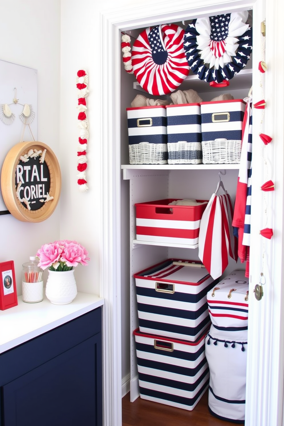 Nautical themed decor for summer vibes. Incorporate navy blue and white stripes with accents of coral and seashells throughout the space. Memorial Day closet decorating ideas. Use red, white, and blue storage bins and hang festive garlands to create a cheerful and patriotic atmosphere.